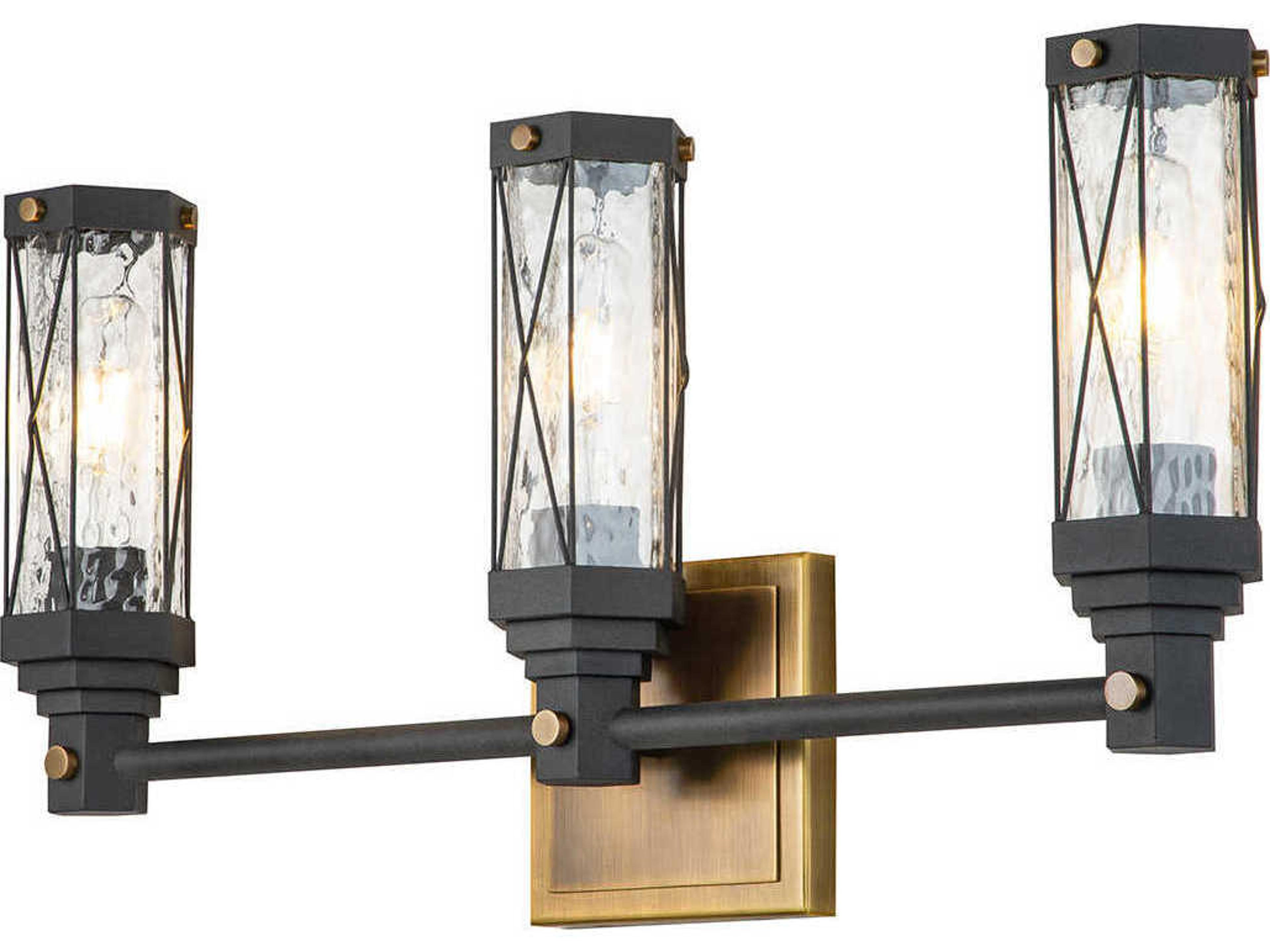 Lucas McKearn Abbey 3-Light Weathered Zinc Antique Brass Black Glass Vanity Light