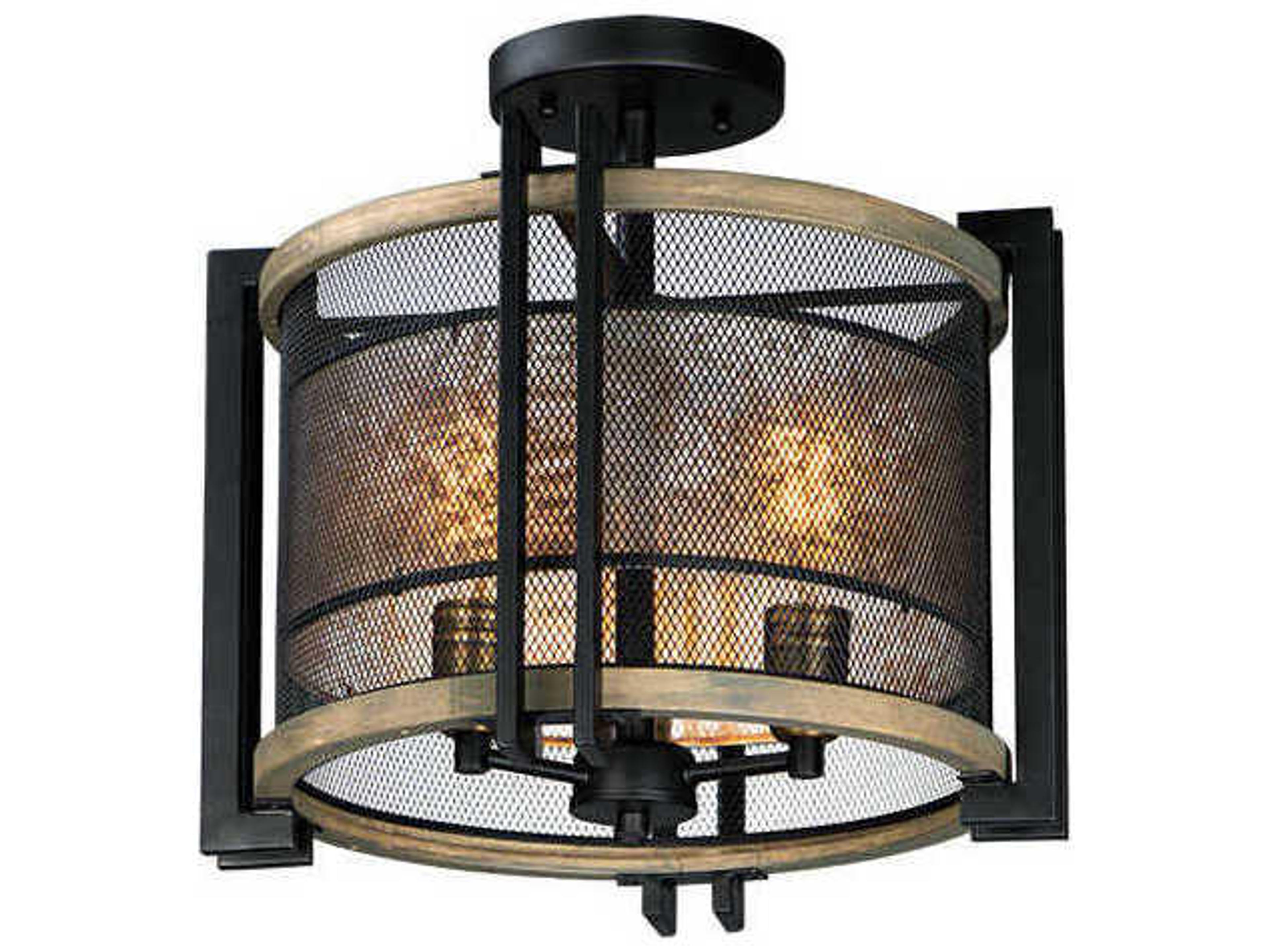 Maxim Lighting Boundry 3-Light Black Barn Wood Antique Brass Drum Semi Flush Mount
