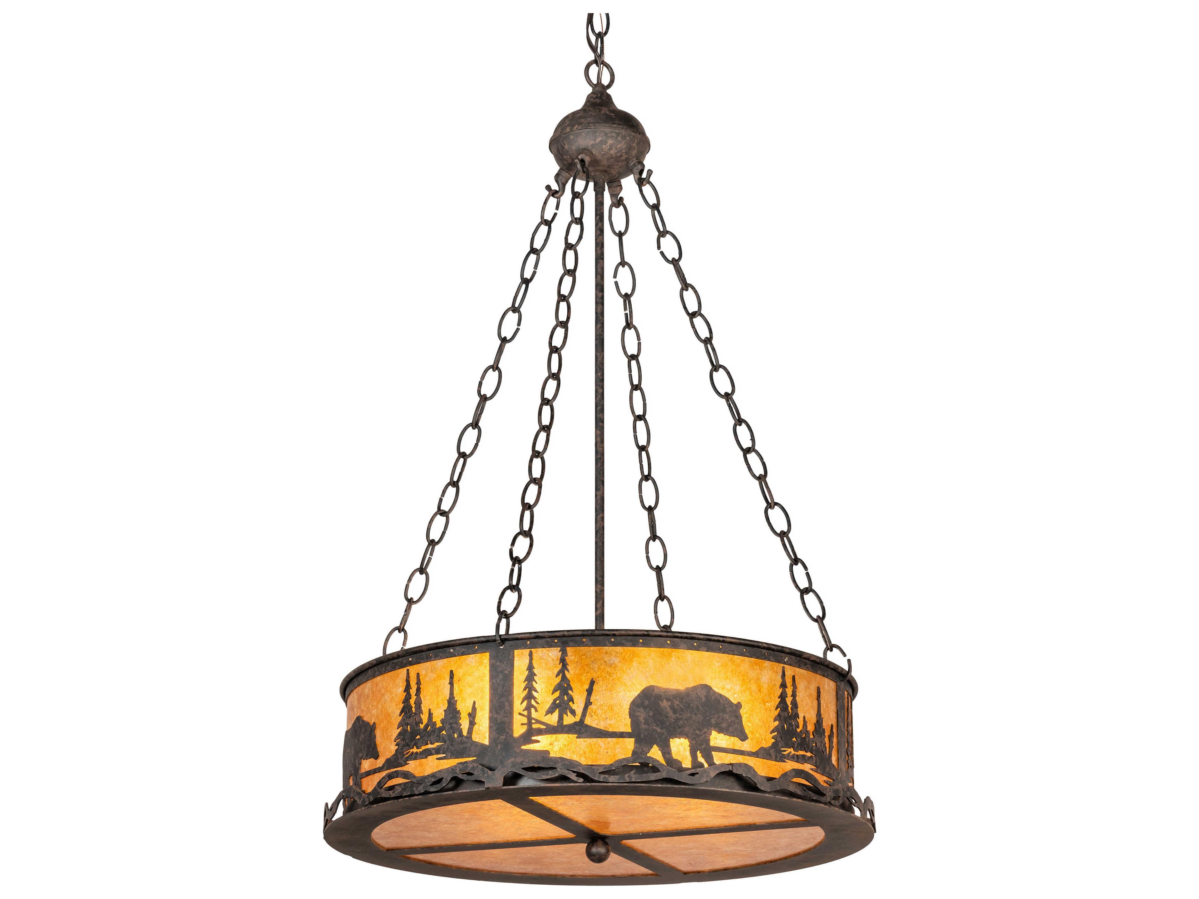 Meyda Bear At Lake 4-Light Chocolate Amber Mica Brown Drum Pendant