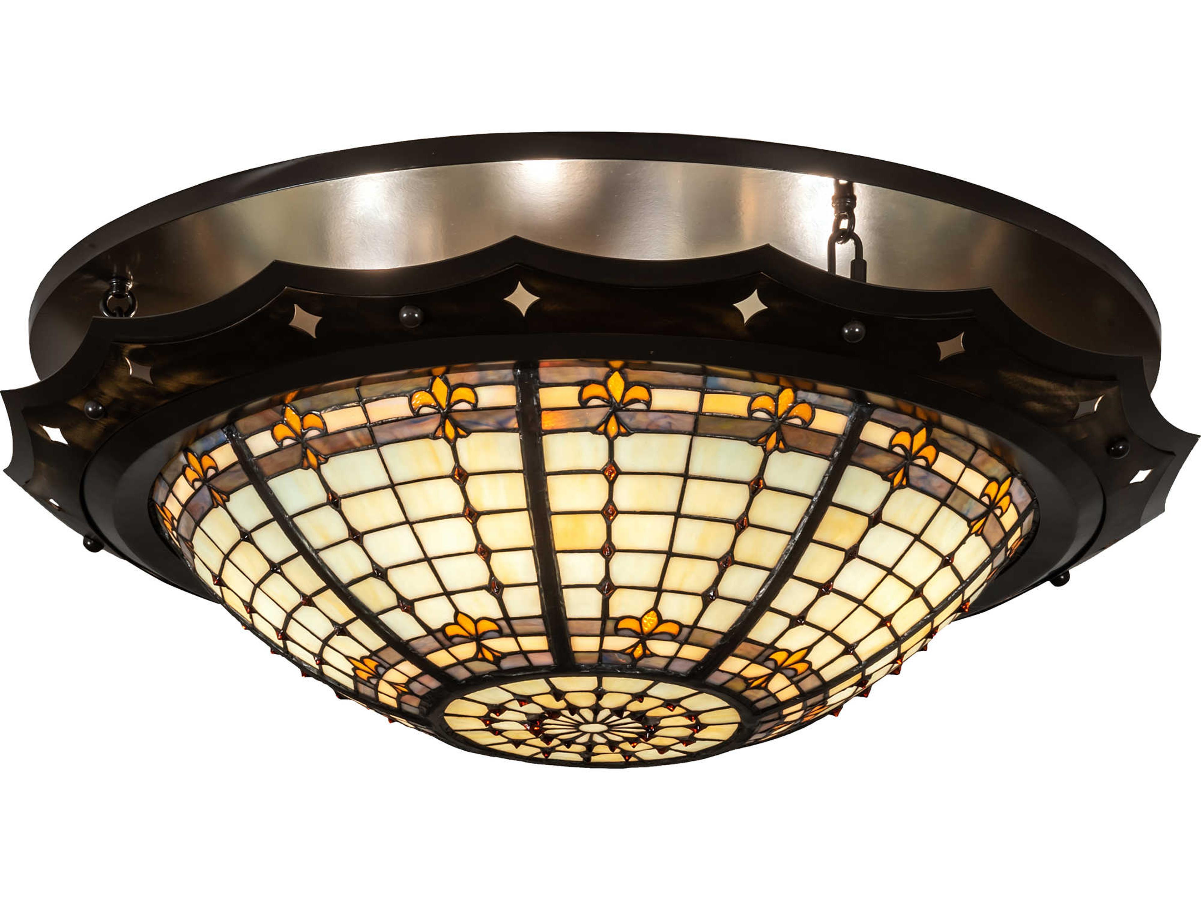 Meyda Fleur-de-lite 4-Light Antique Copper Timeless Bronze Glass Tiffany Bowl Flush Mount