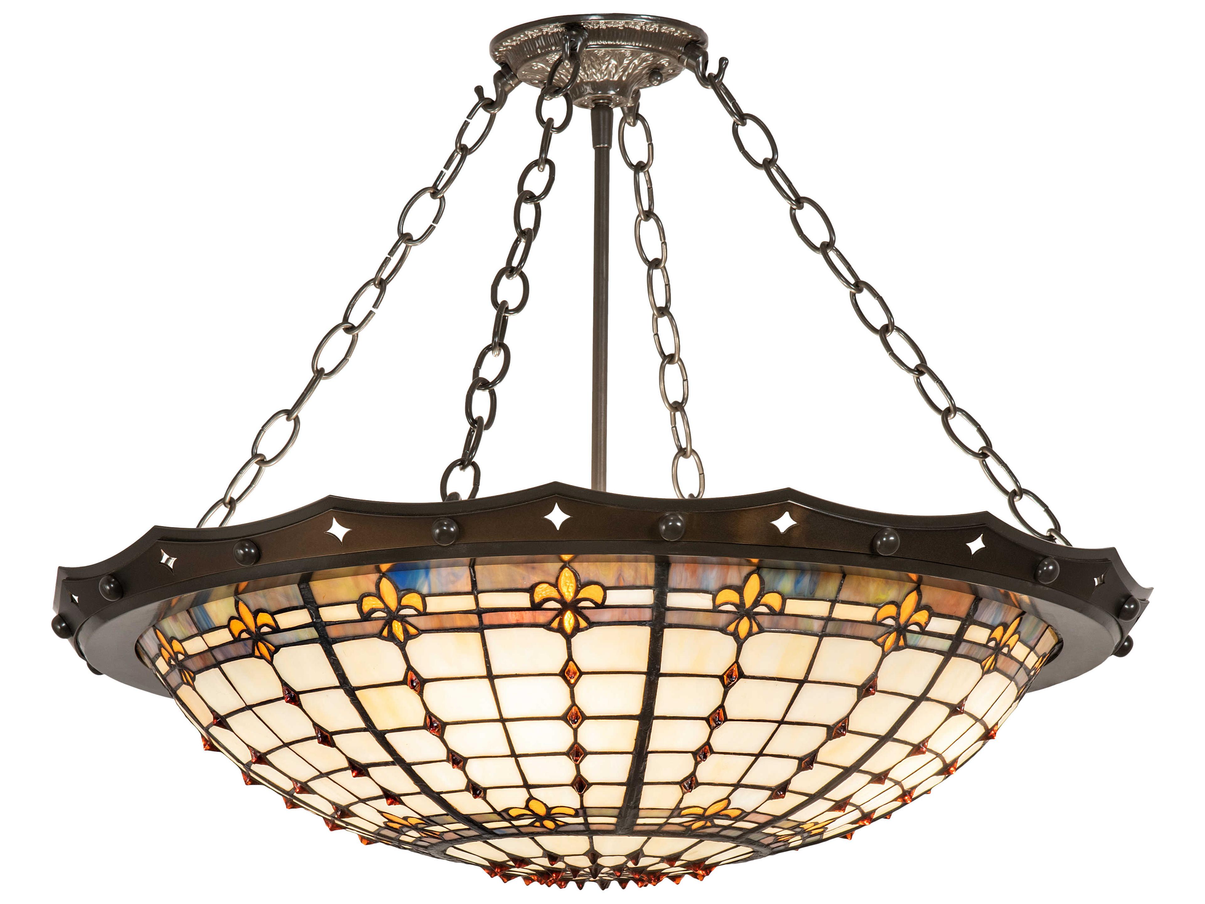 Meyda Fleur-de-lite 4-Light Antique Copper Glass Tiffany Bowl Semi Flush Mount