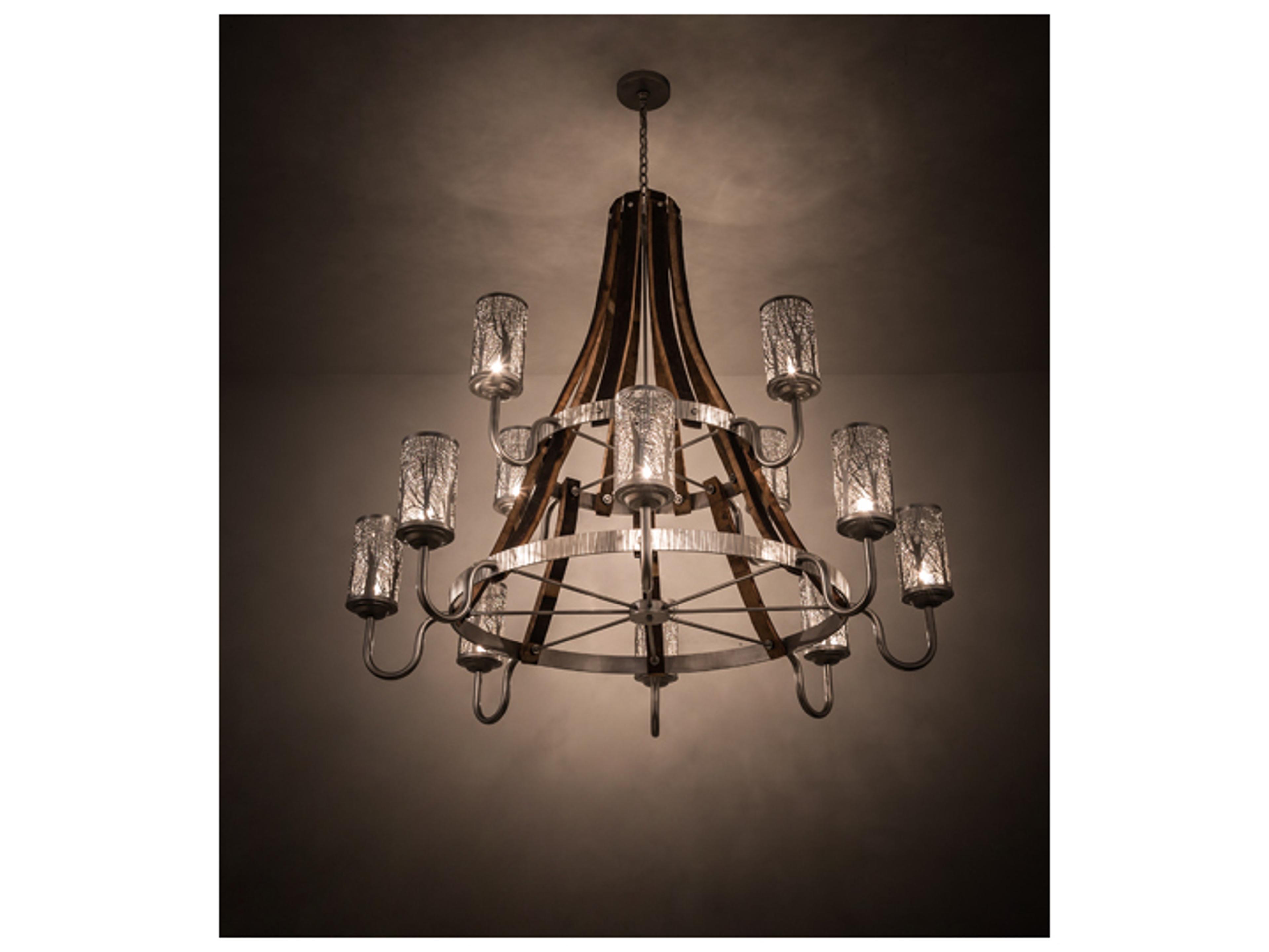 Meyda Barrel Stave 12-Light Nickel Natural Wood Brown Tiered Chandelier