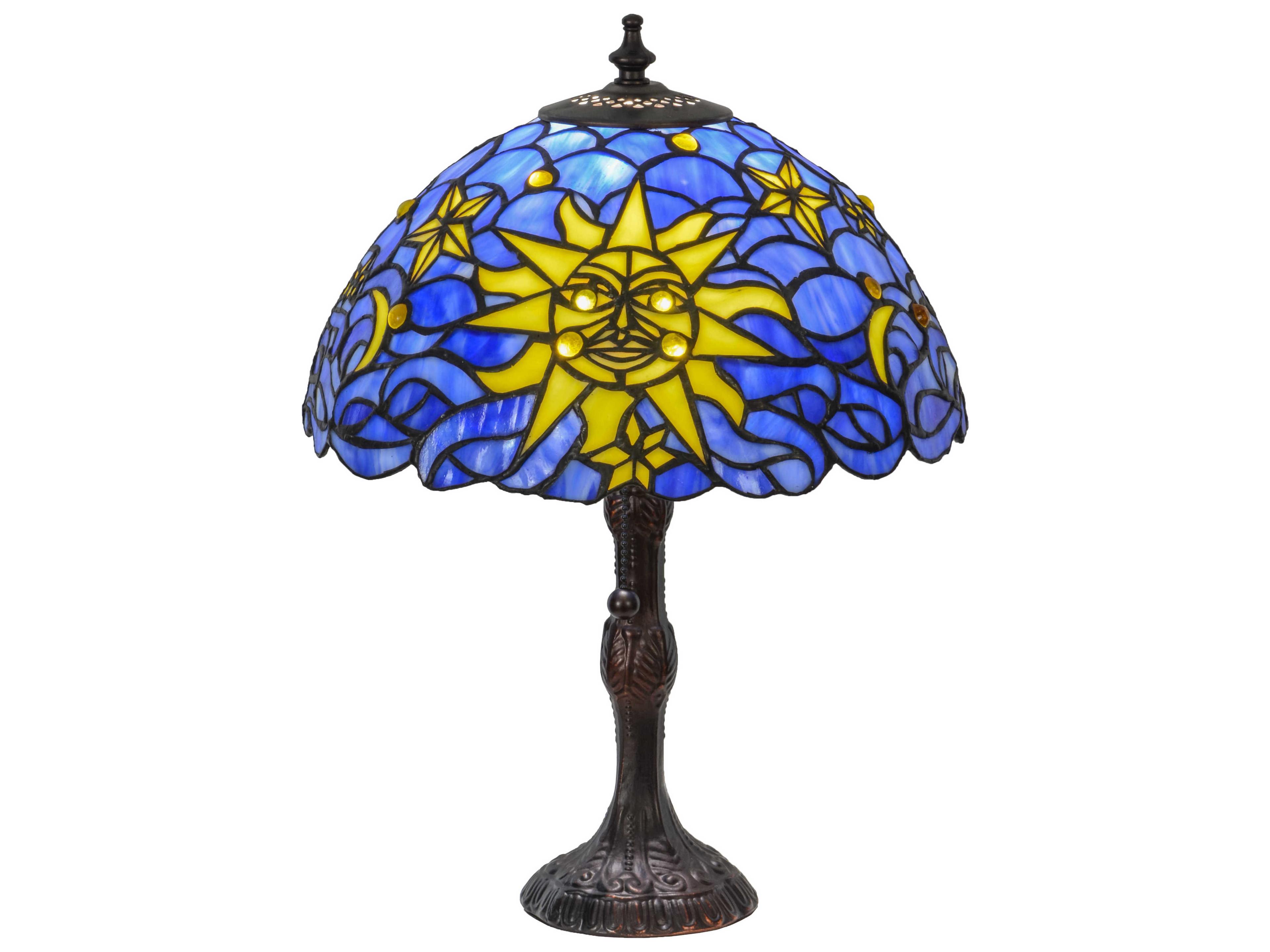 Meyda Sun Moon & Stars Blue Brown Tiffany Table Lamp