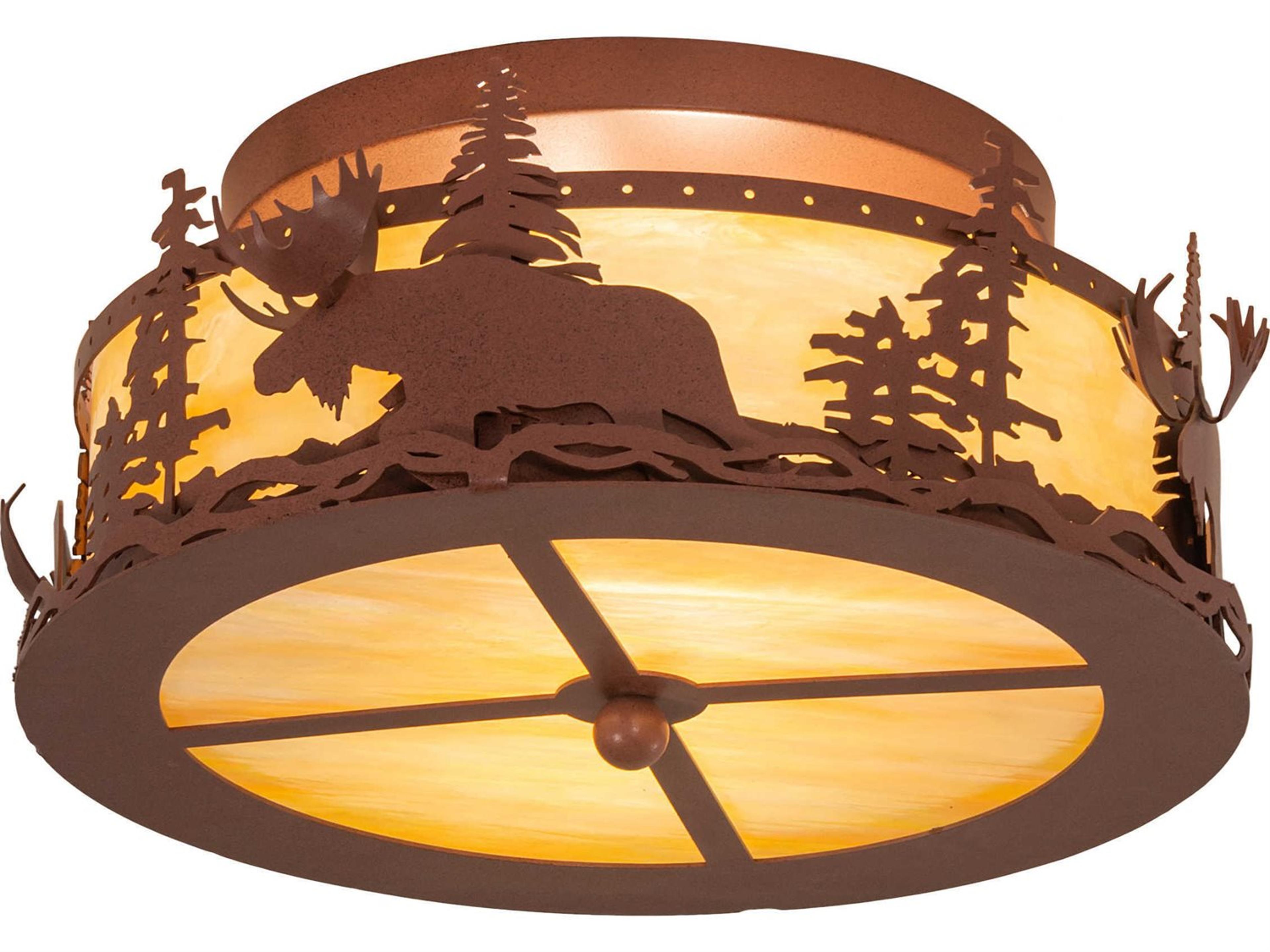 Meyda Moose At Dusk 2-Light Rust Brown Glass Drum Flush Mount