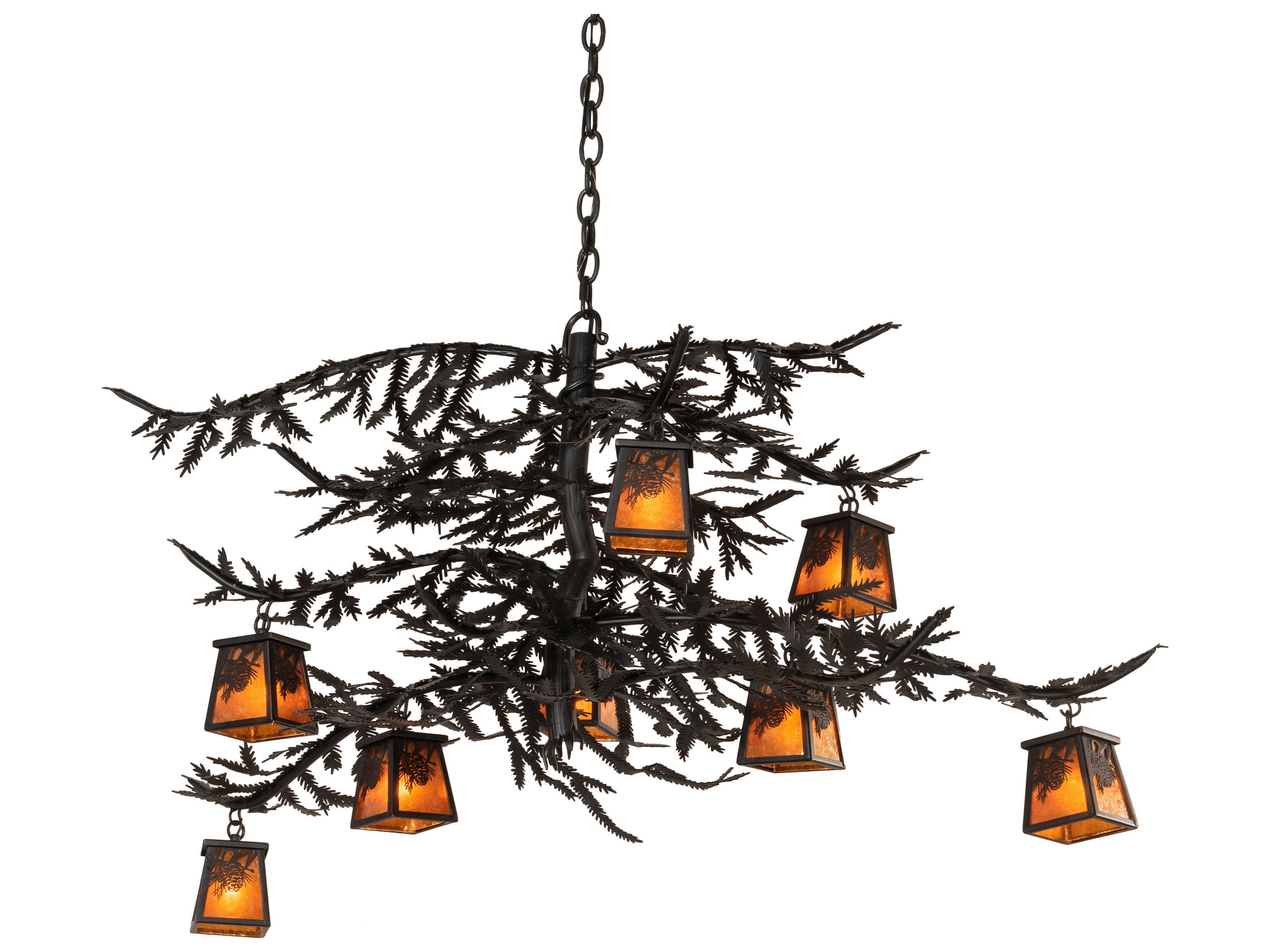 Meyda Pine Branch 8-Light Black Amber Mica Brown Lantern Chandelier
