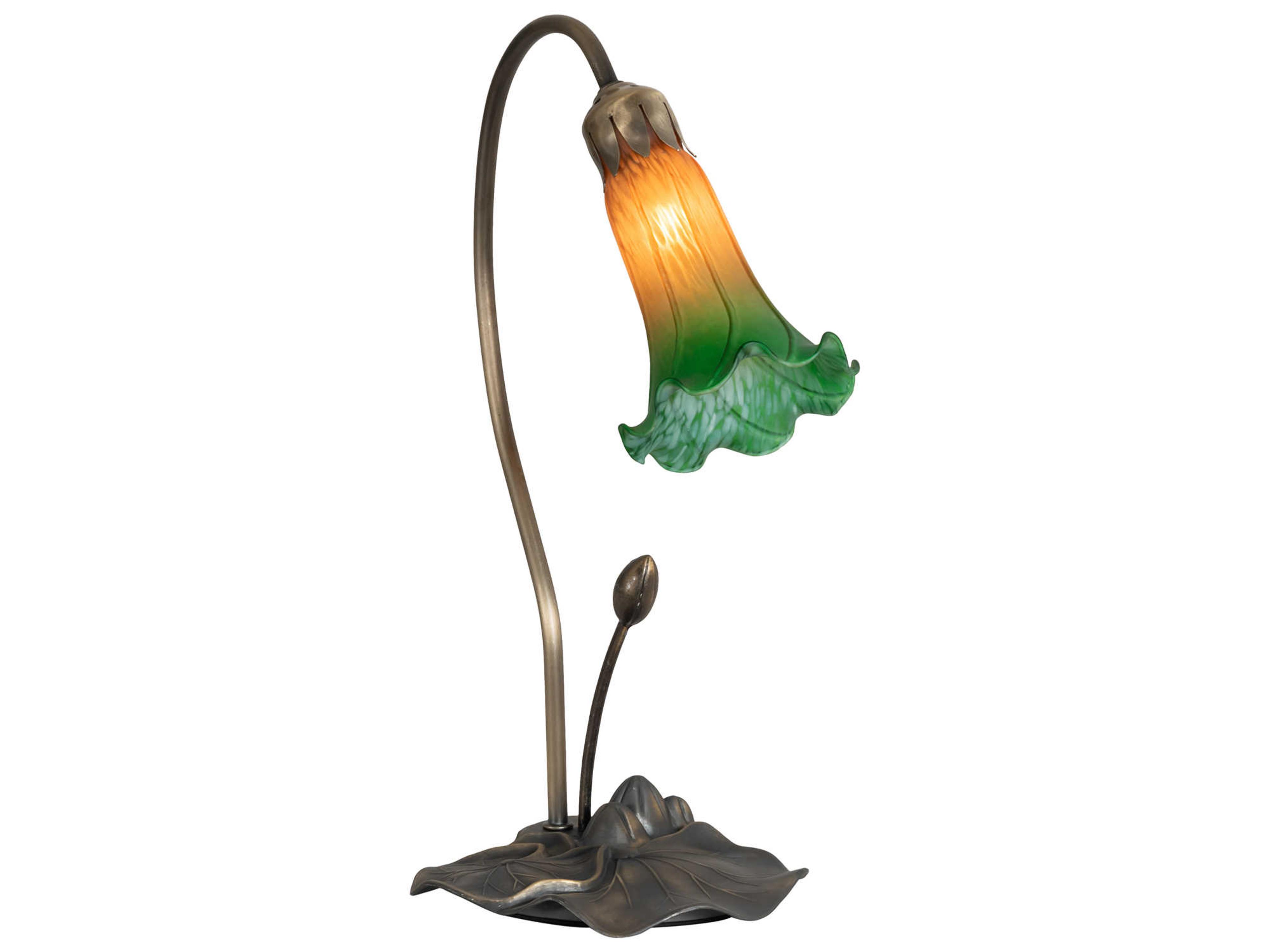 Meyda Pond Lily Glass Mahogany Bronze Orange Table Lamp with Amber Green Shade