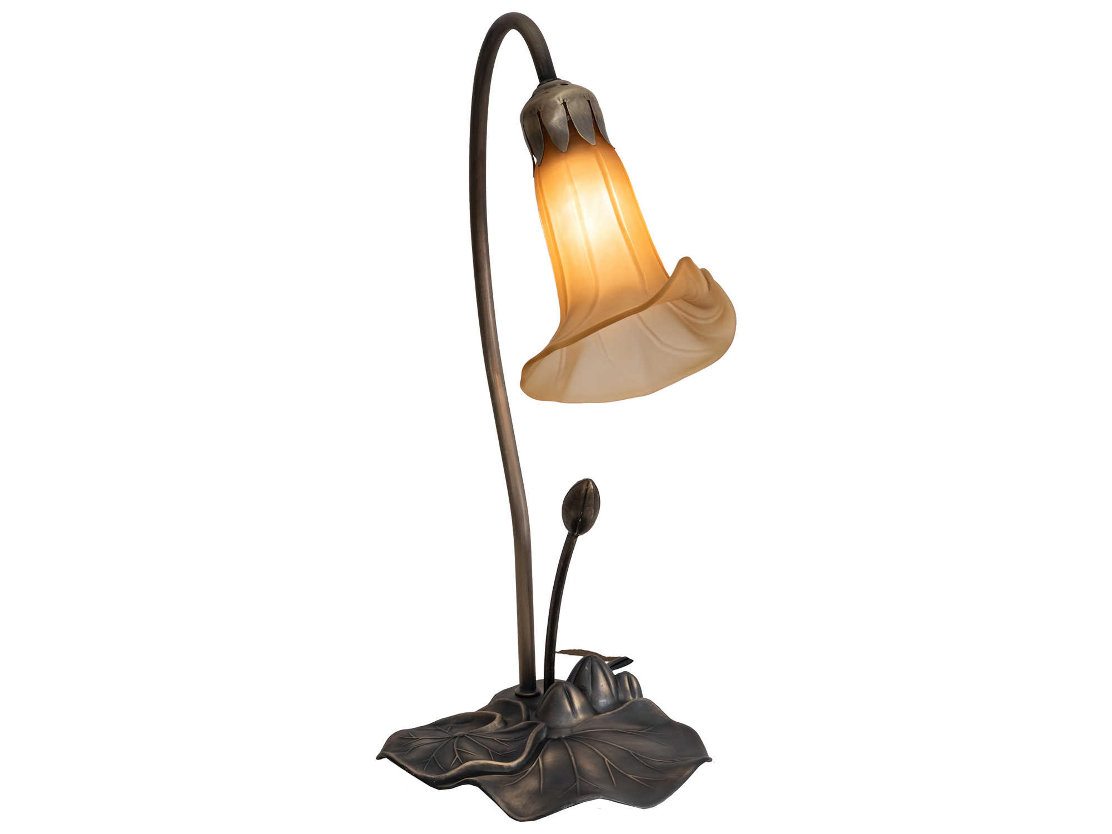 Meyda Pond Lily Glass Mahogany Bronze Orange Table Lamp with Amber Shade