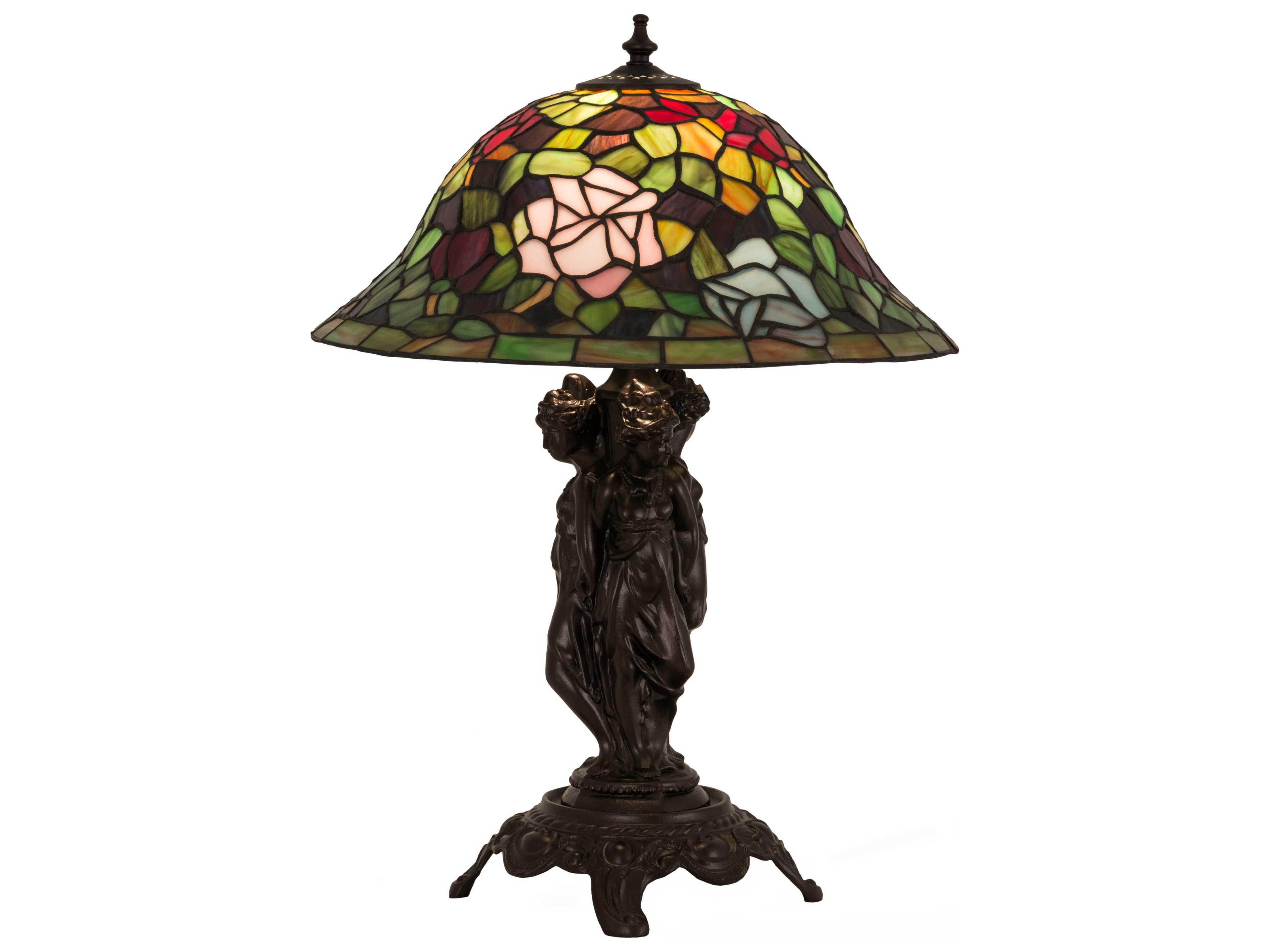 Meyda Rosebush Purple Blue Burgundy Pink & Bronze Glass Tiffany Table Lamp