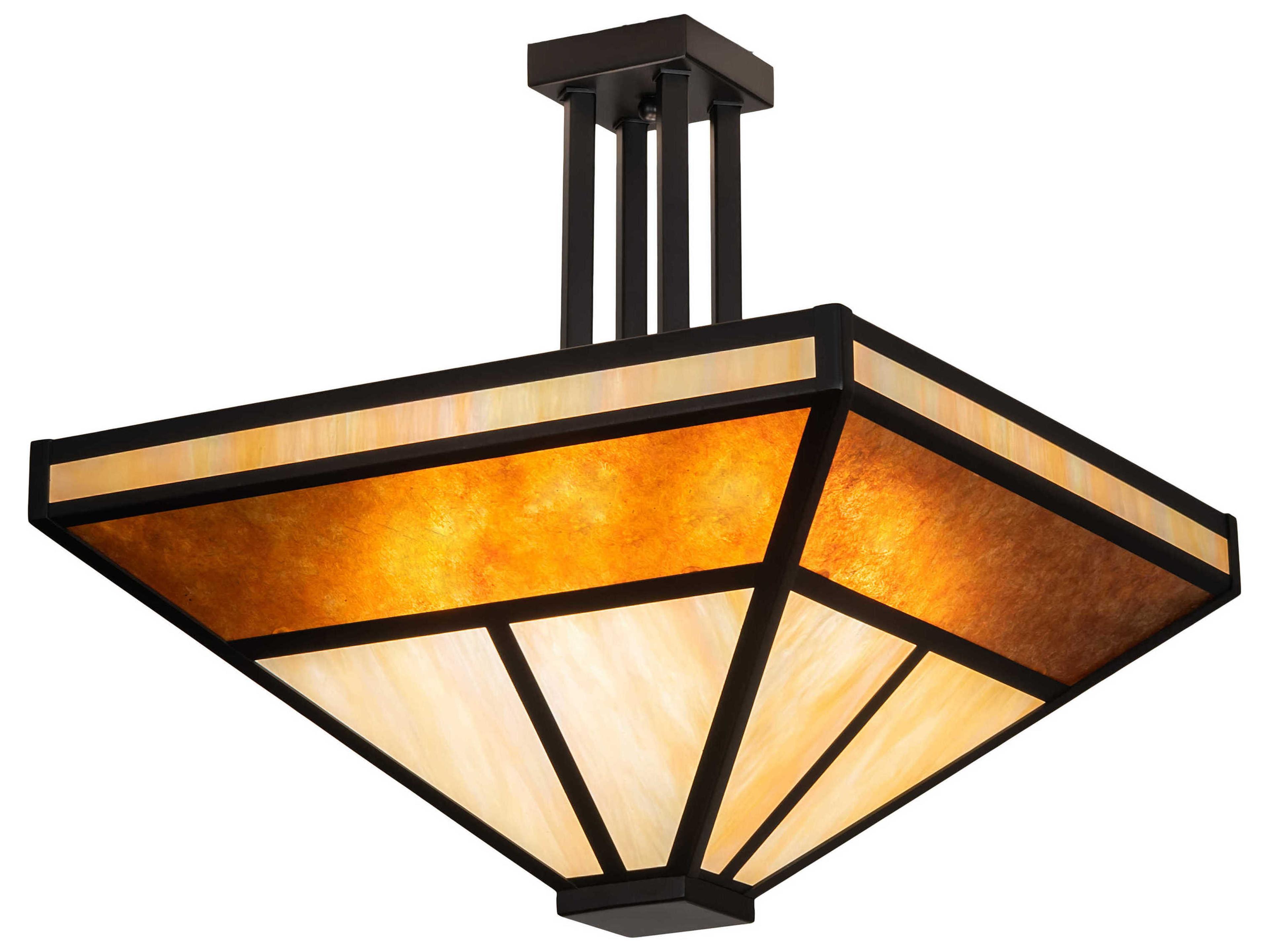Meyda T-mission 8-Light Black Beige Amber Mica Brown Glass Semi Flush Mount