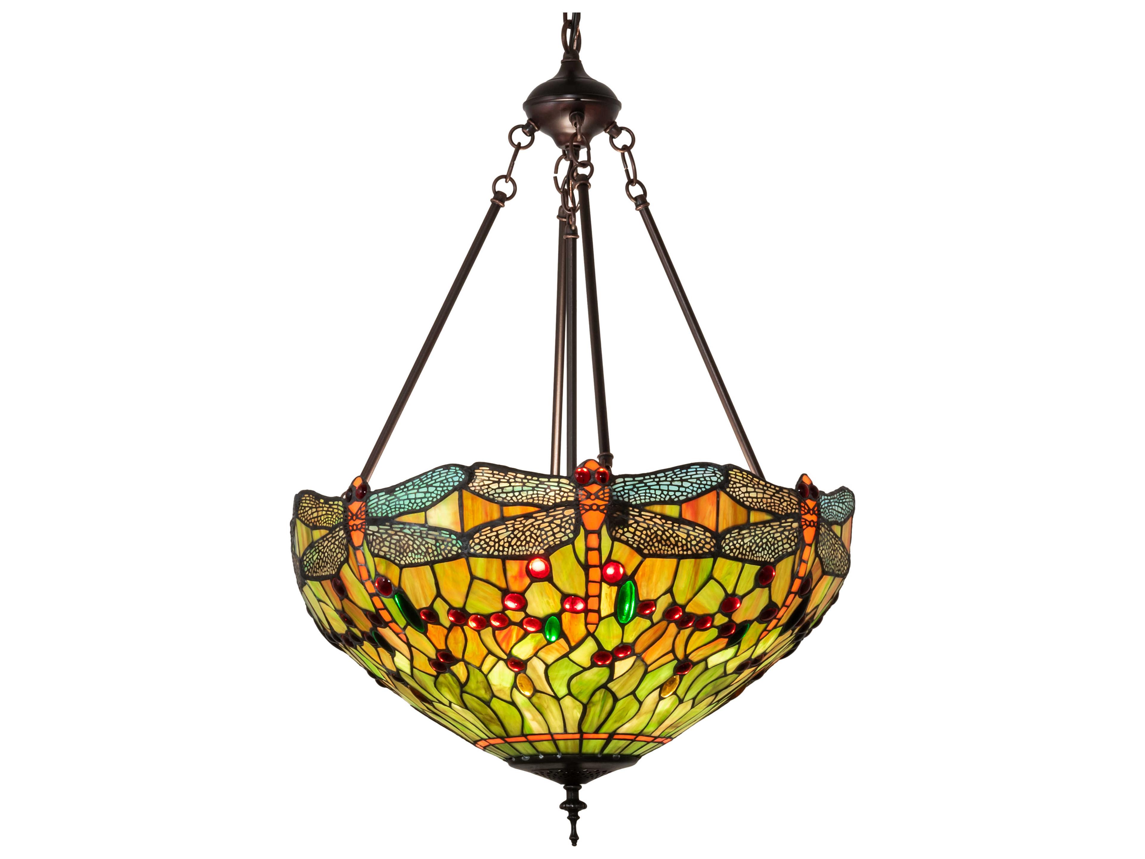 Meyda Tiffany Hanginghead Dragonfly 3-Light Mahogany Bronze Brass Glass Pendant