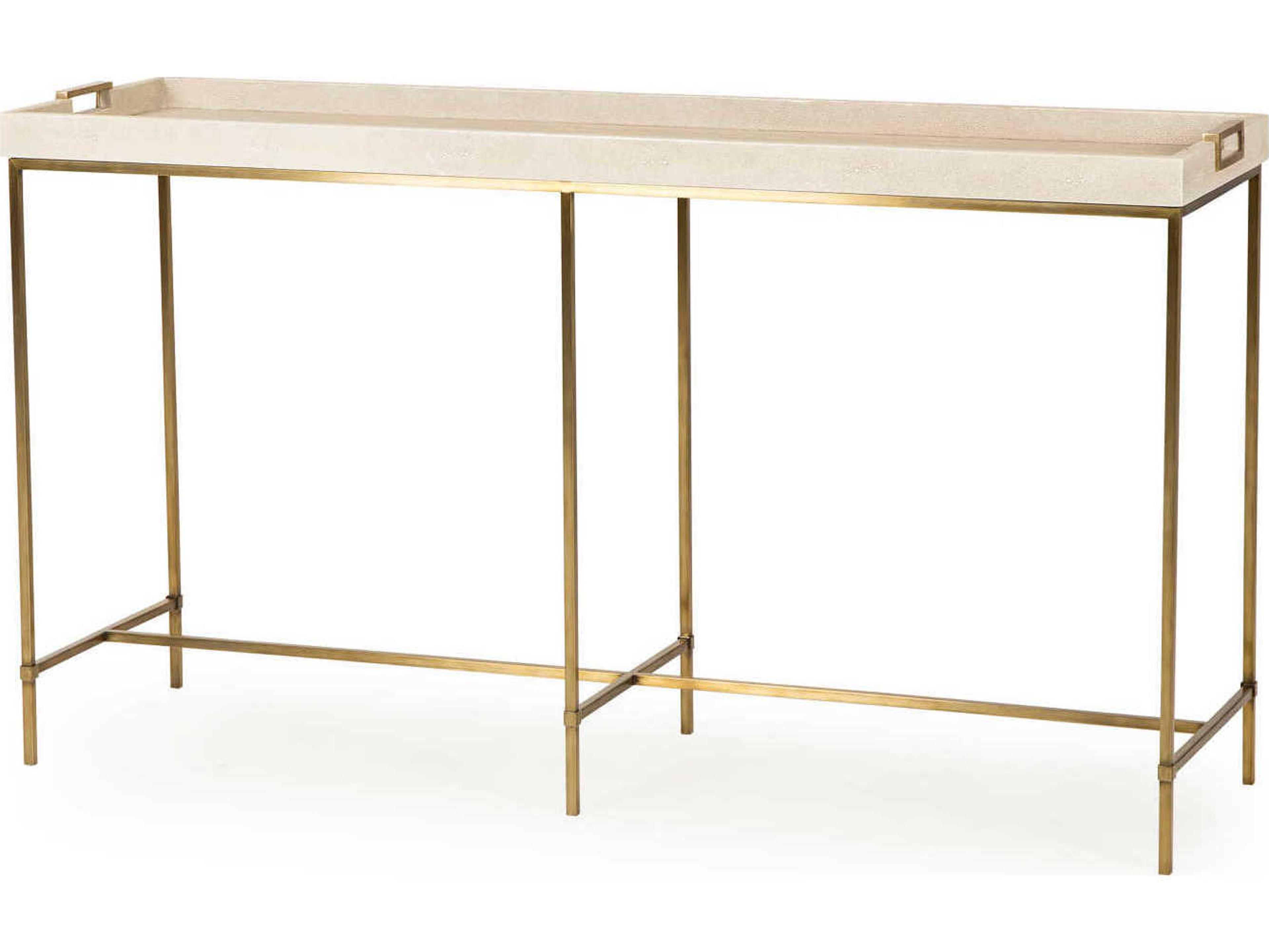 Sonder Living Lexi Rectangular Faux Leather Ivory Shagreen With Stain Brass Console Table