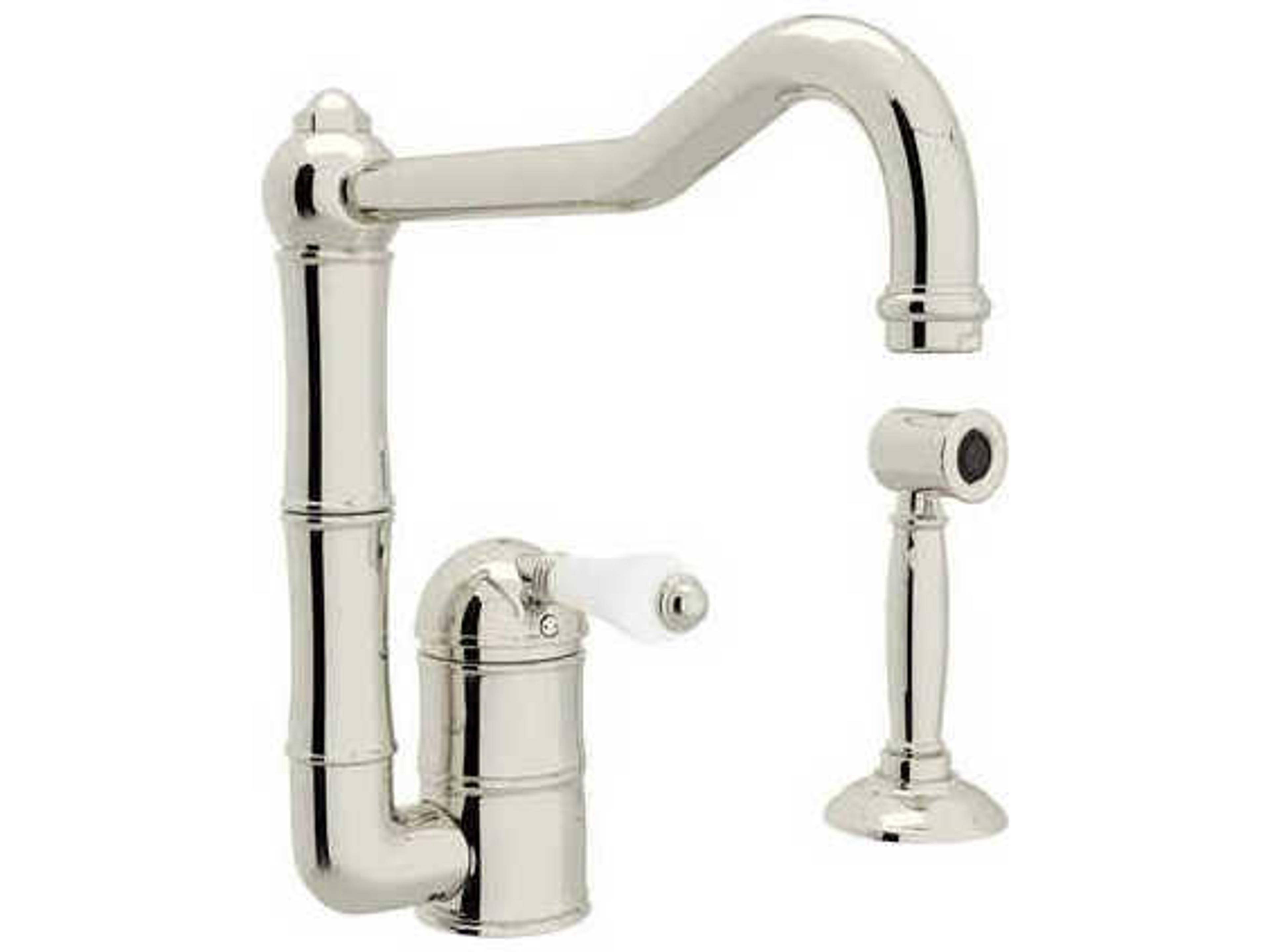 Rohl Acqui Polished Nickel Column Spout Kitchen Faucet with Sidespray with White Porcelain Lever Handle