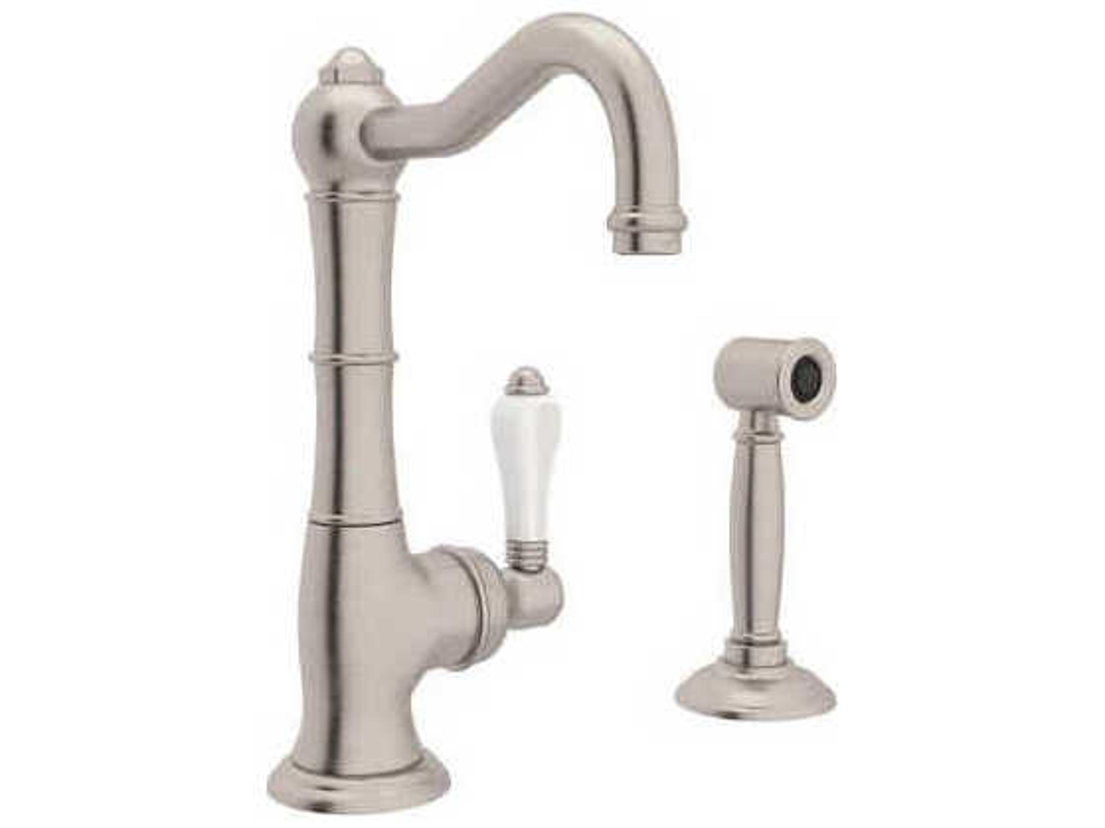 Rohl Cinquanta Satin Nickel Column Spout Kitchen Faucet with Sidespray with White Porcelain Lever Handle