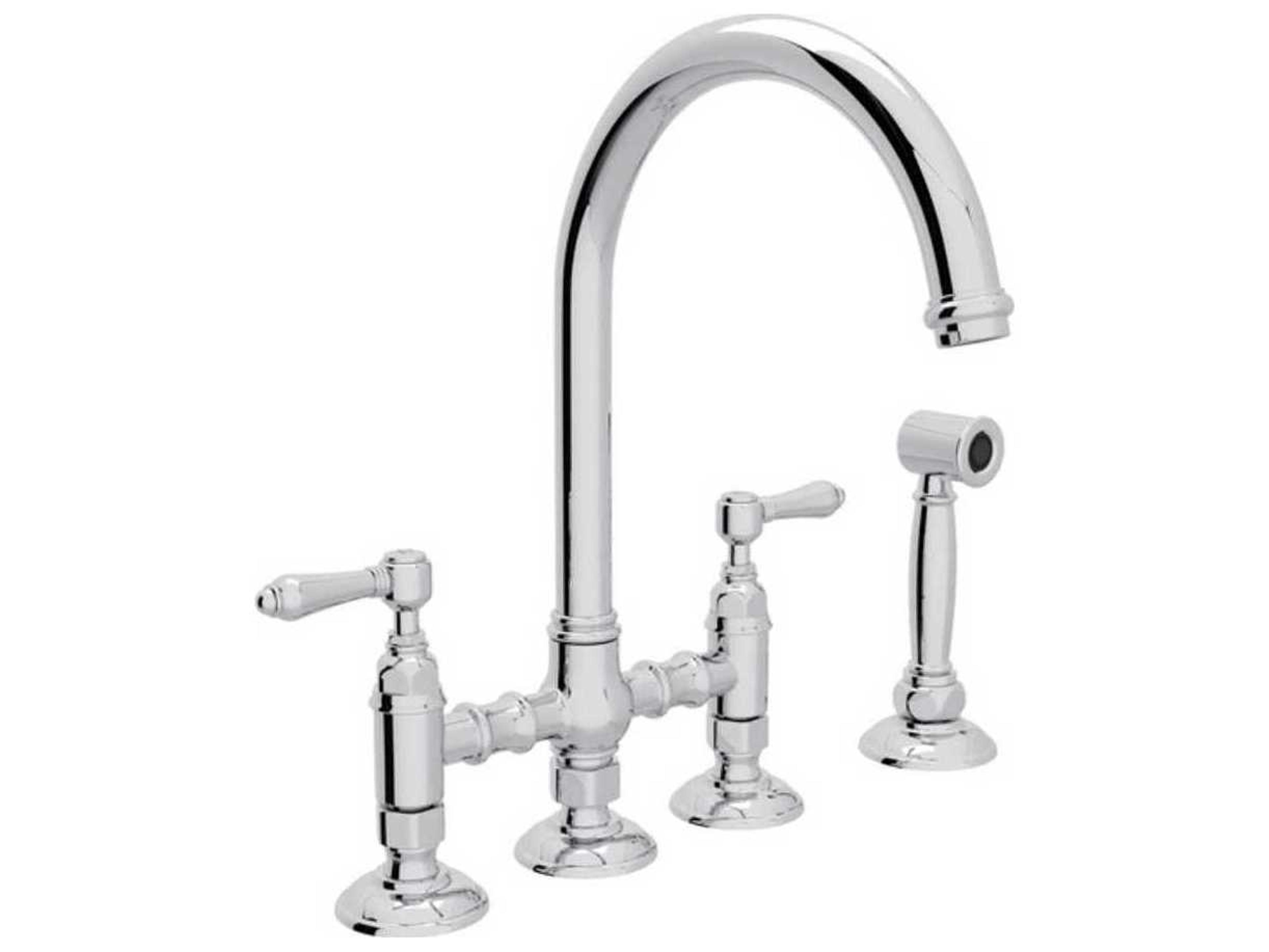Rohl San Julio Polished Chrome Deck Mount C-Spout Bridge Kitchen Faucet with Sidespray with Lever Handles