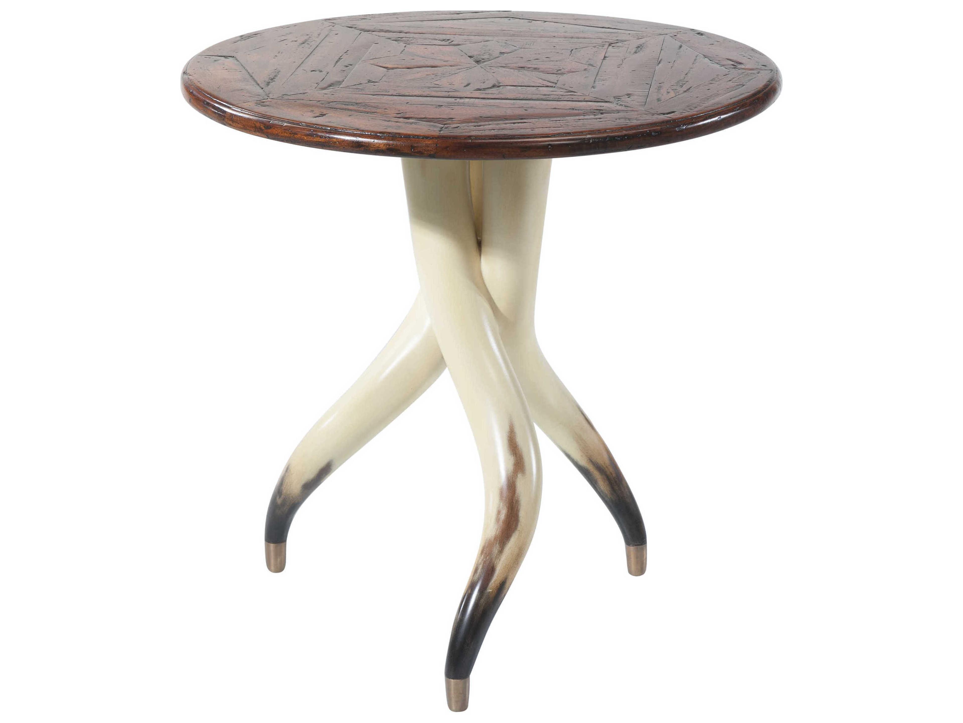 Theodore Alexander Castle Bromwich Round Wood Mahogany Faux Steer Horn Brass End Table