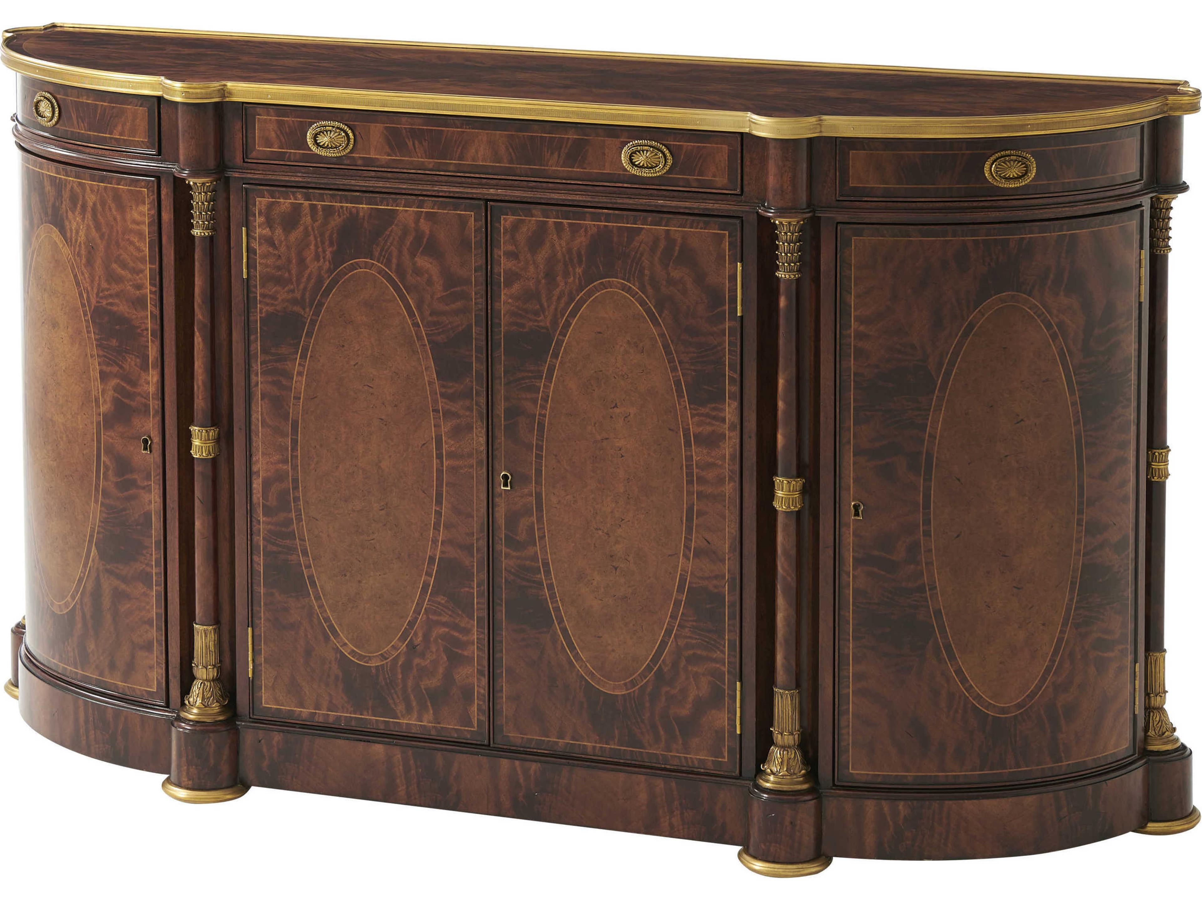 Theodore Alexander Essential 60" Mahogany Wood Flame Figured Veneer Brass Sideboard