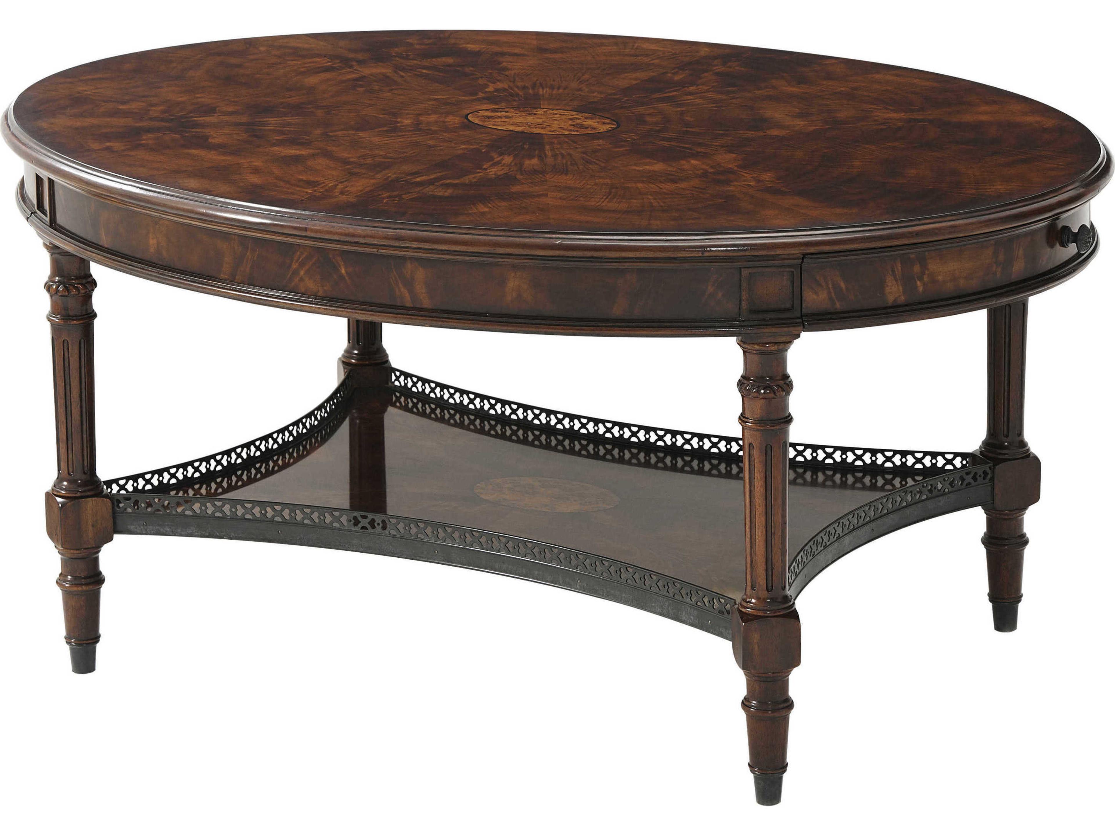 Theodore Alexander Essential Oval Wood Flame Figured Veneer Mahogany Brass Coffee Table