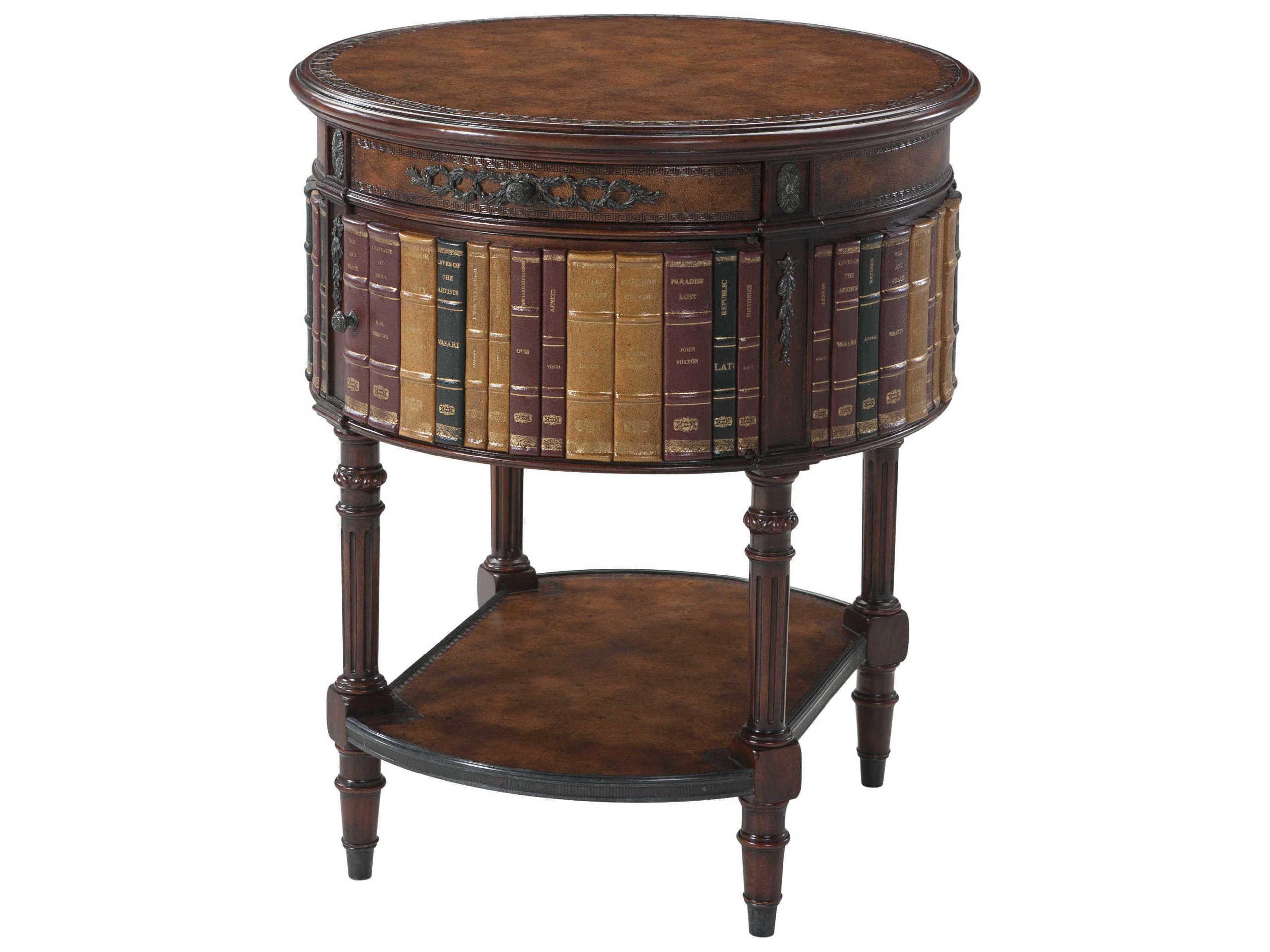 Theodore Alexander Essential Round Aged Brown Leather Acacia Verdigris Brass End Table
