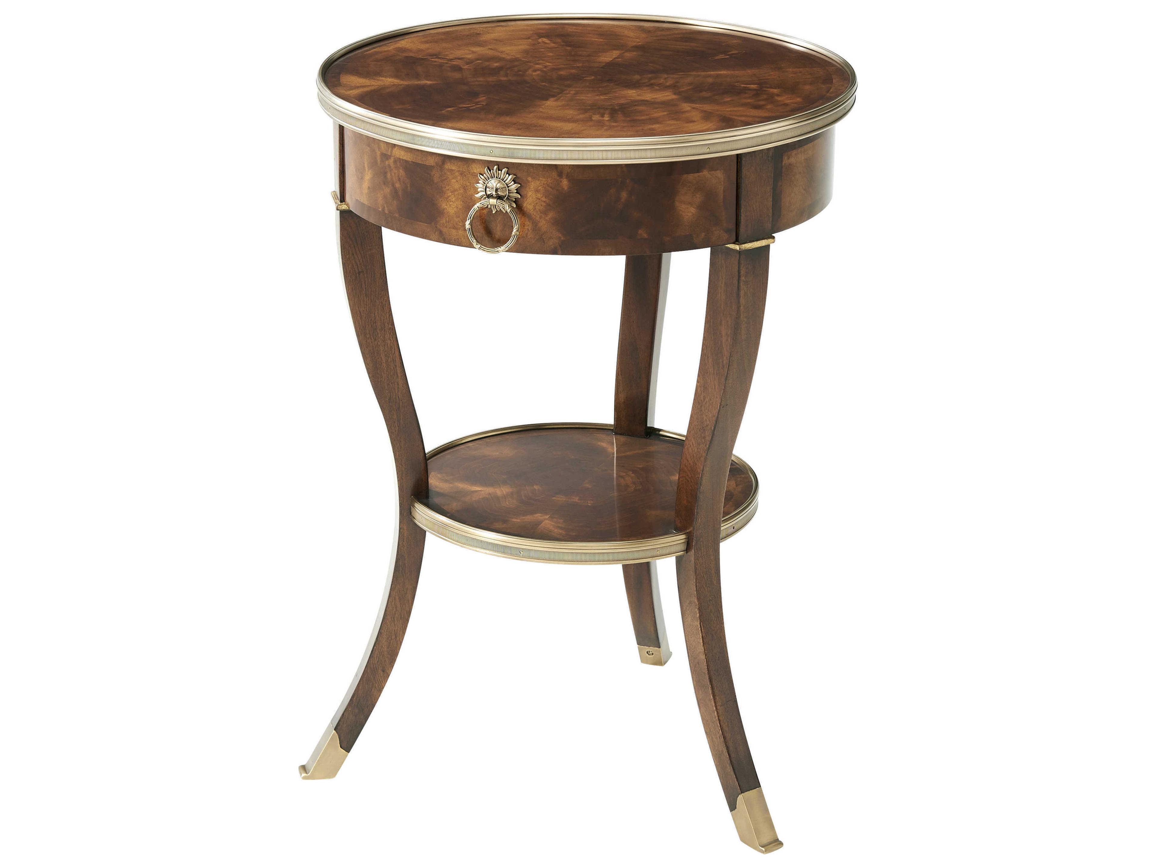 Theodore Alexander Essential Round Wood Flame Figured Veneer Mahogany End Table