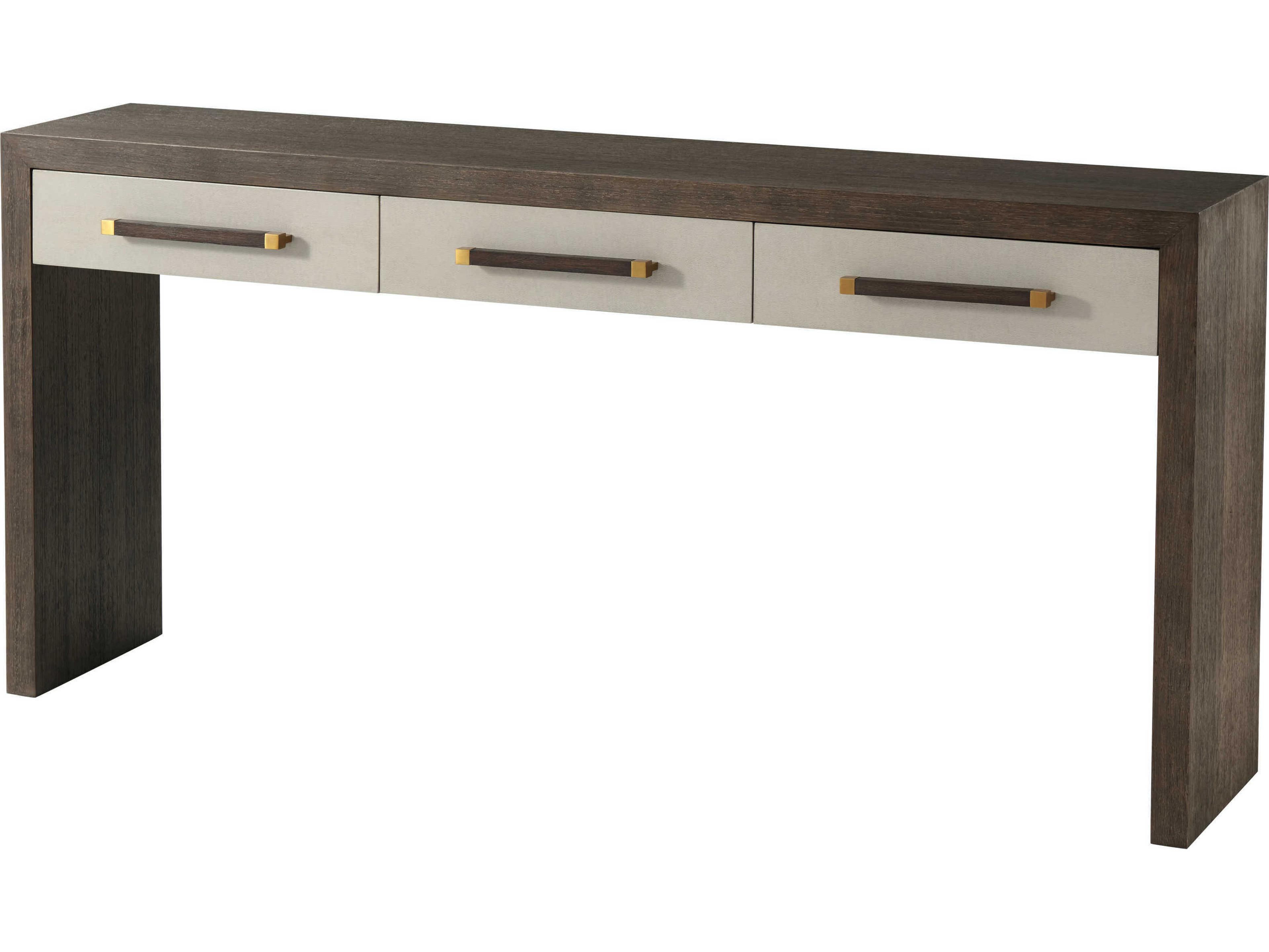 Theodore Alexander Ta Studio No. 1 Rectangular Wood Cardamon Lati With Singular Grey Leather & Brushed Brass Console Table