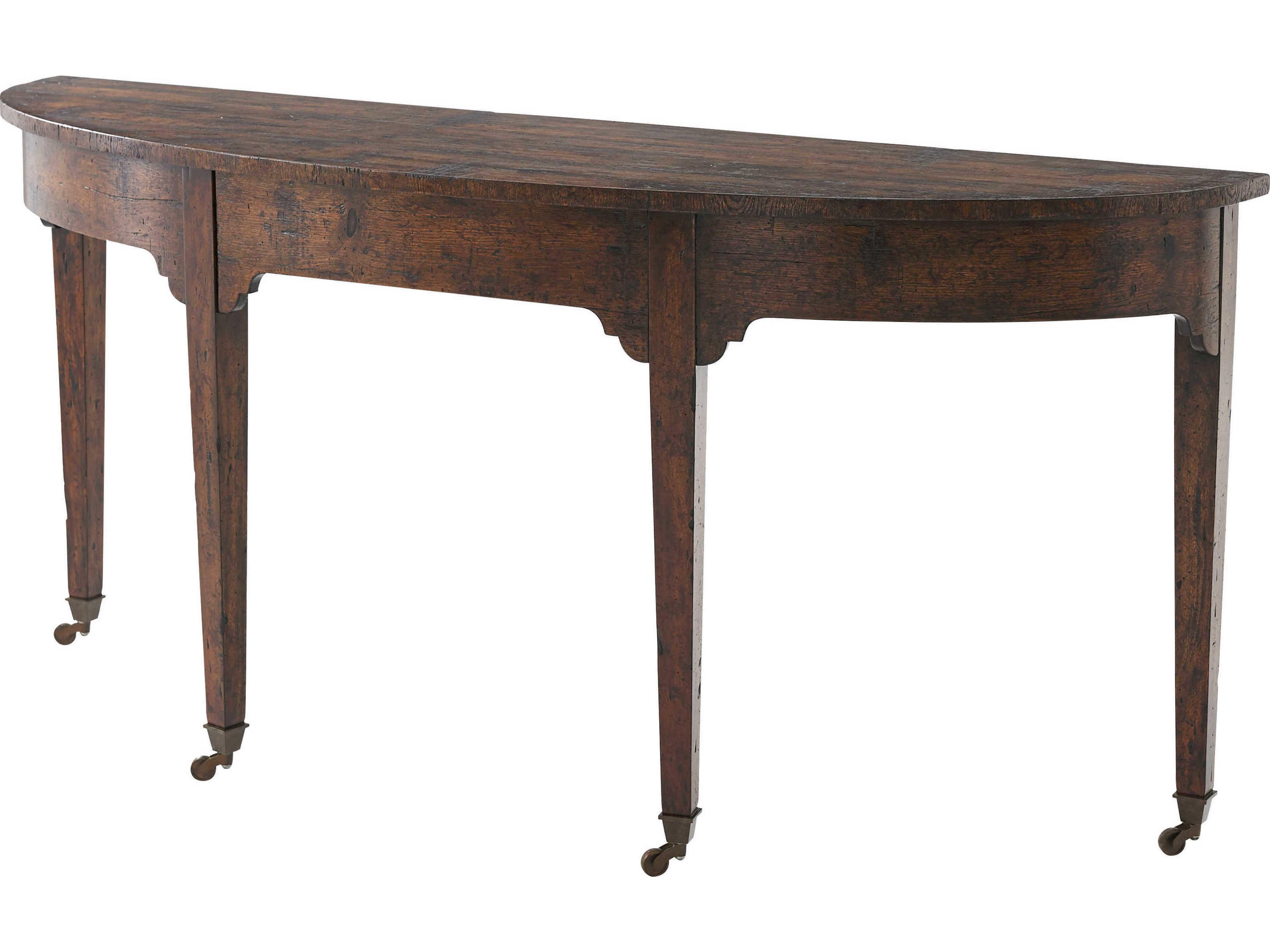 Theodore Alexander Victory Oak Demilune Wood Mahogany Reclaimed Veneer Brass Console Table