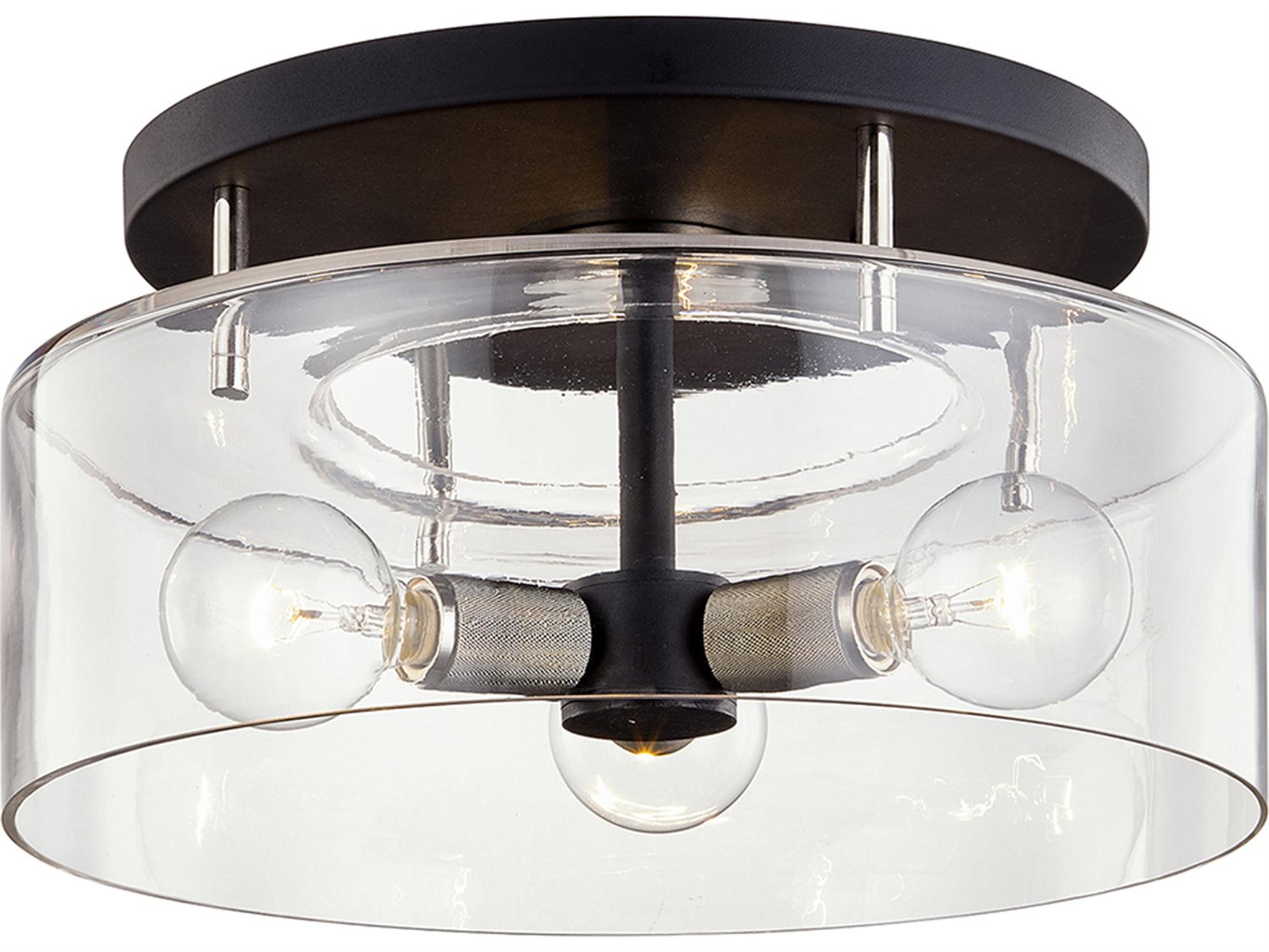 Troy Lighting Bergamot Station 3-Light Carbide Black Polished Nickel Glass Drum Semi Flush Mount