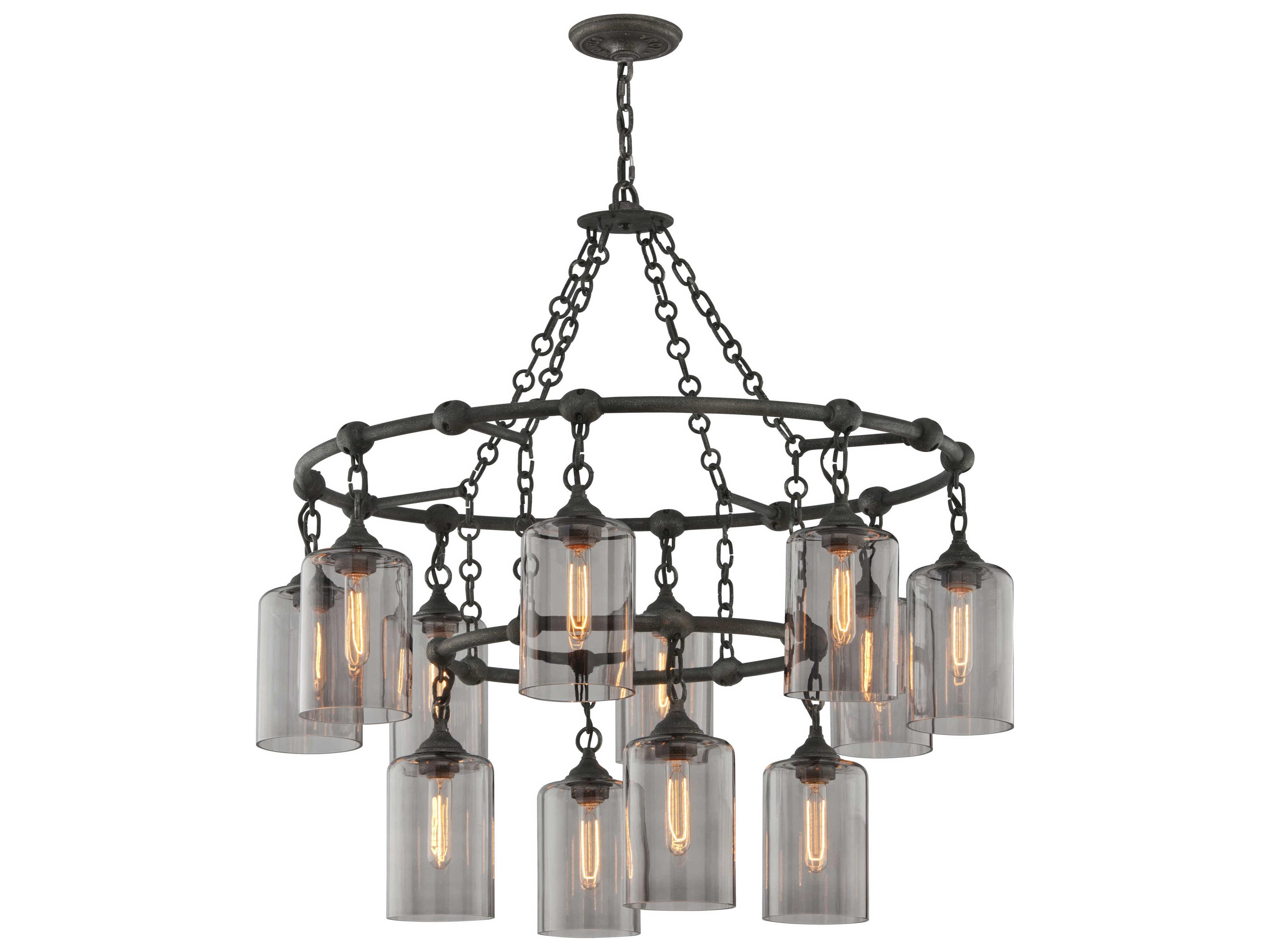 Troy Lighting Gotham 12-Light Aged Silver Glass Candelabra Cylinder Tiered Chandelier