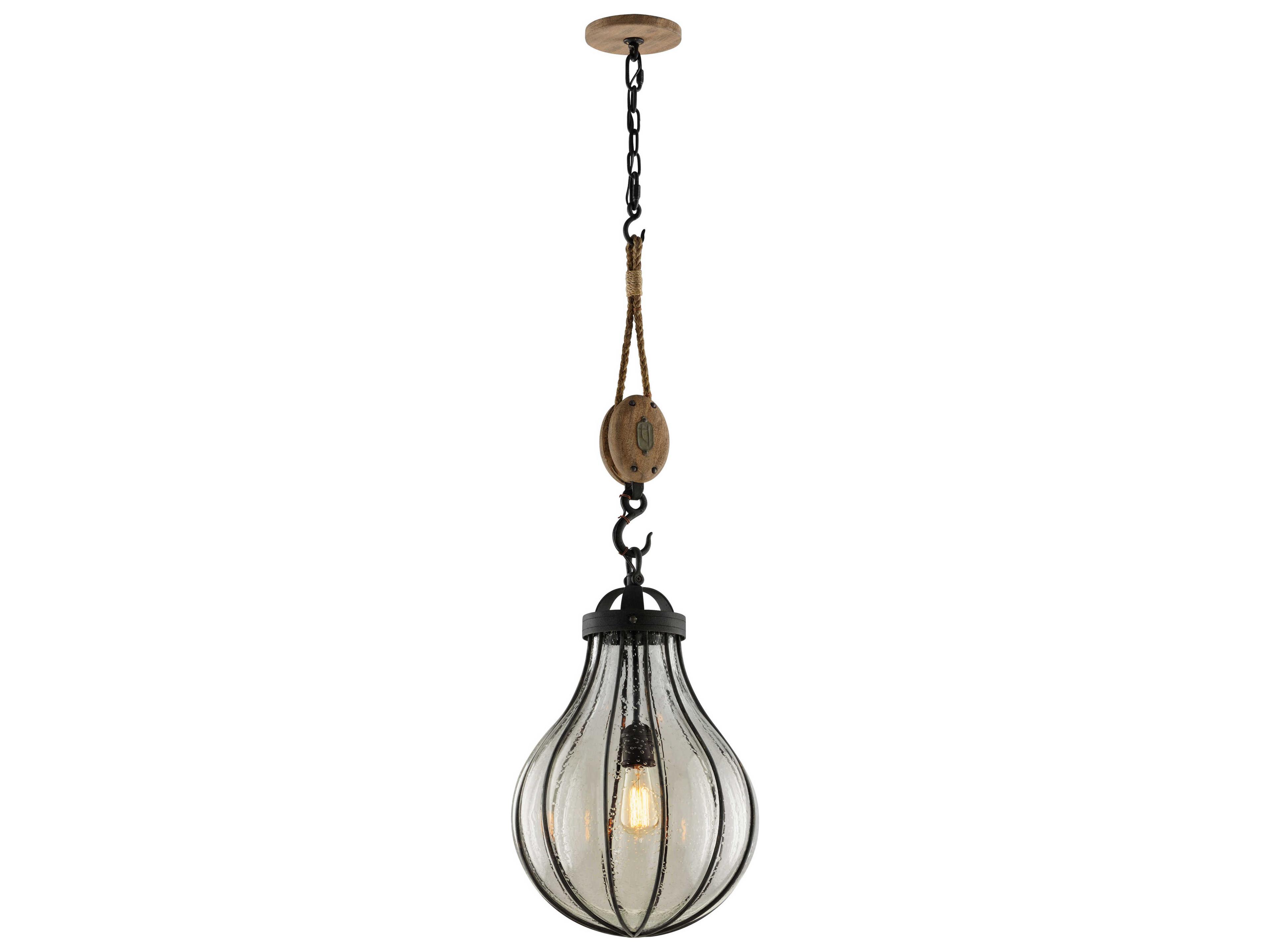 Troy Lighting Murphy 1-Light Vintage Iron With Rustic Wood Black Glass Globe Pendant