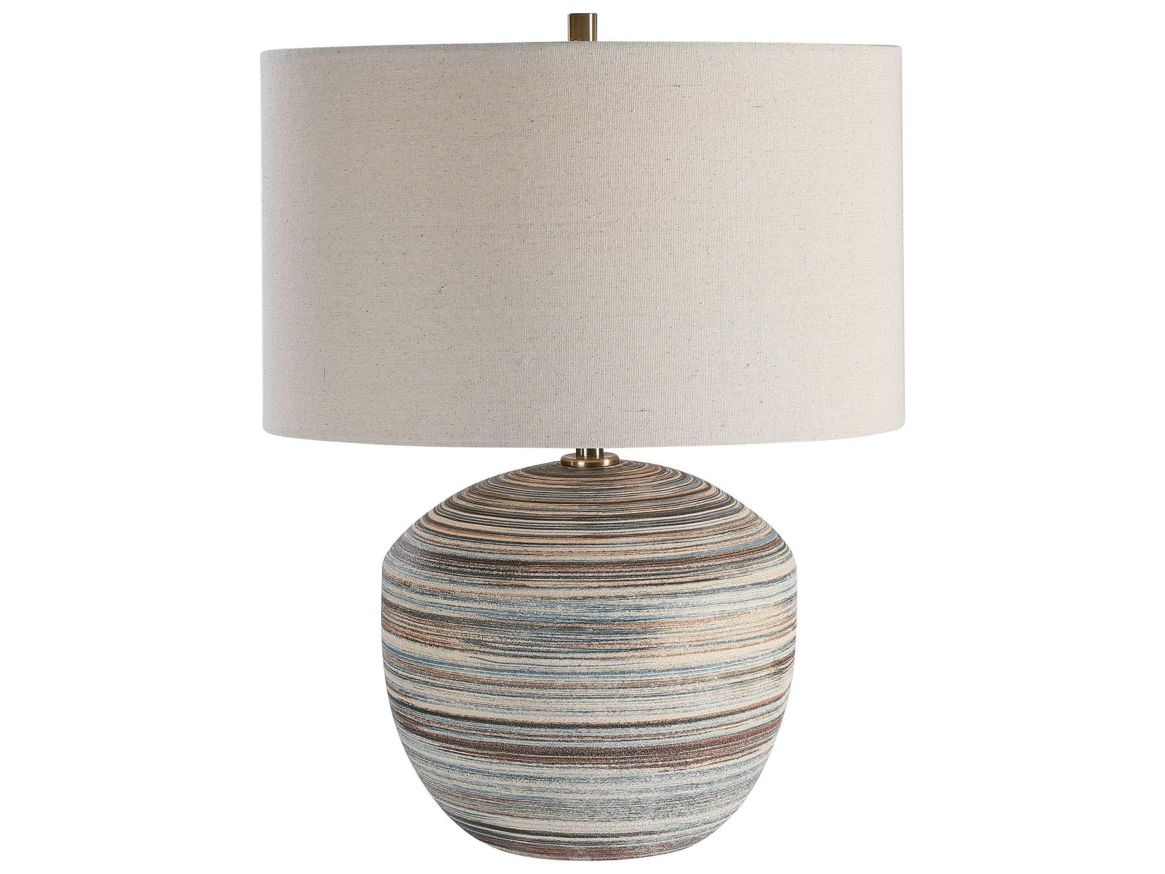Uttermost Prospect Brown Taupe Cream Blue Round Drum Hardback Off White Table Lamp