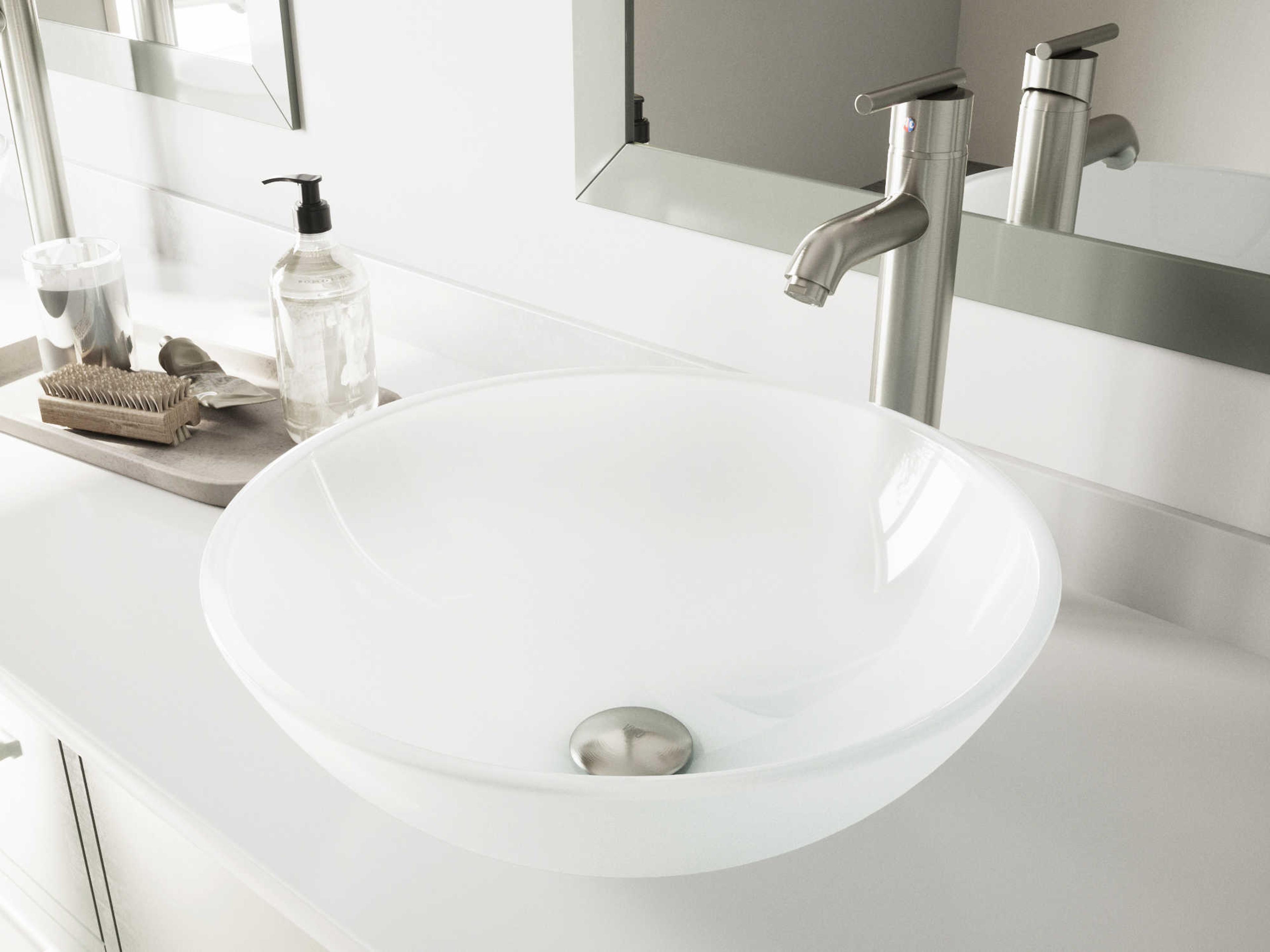 Vigo White Frost 17" Round Vessel Bathroom Sink with Brushed Nickel 1-Lever Seville Faucet and Drain