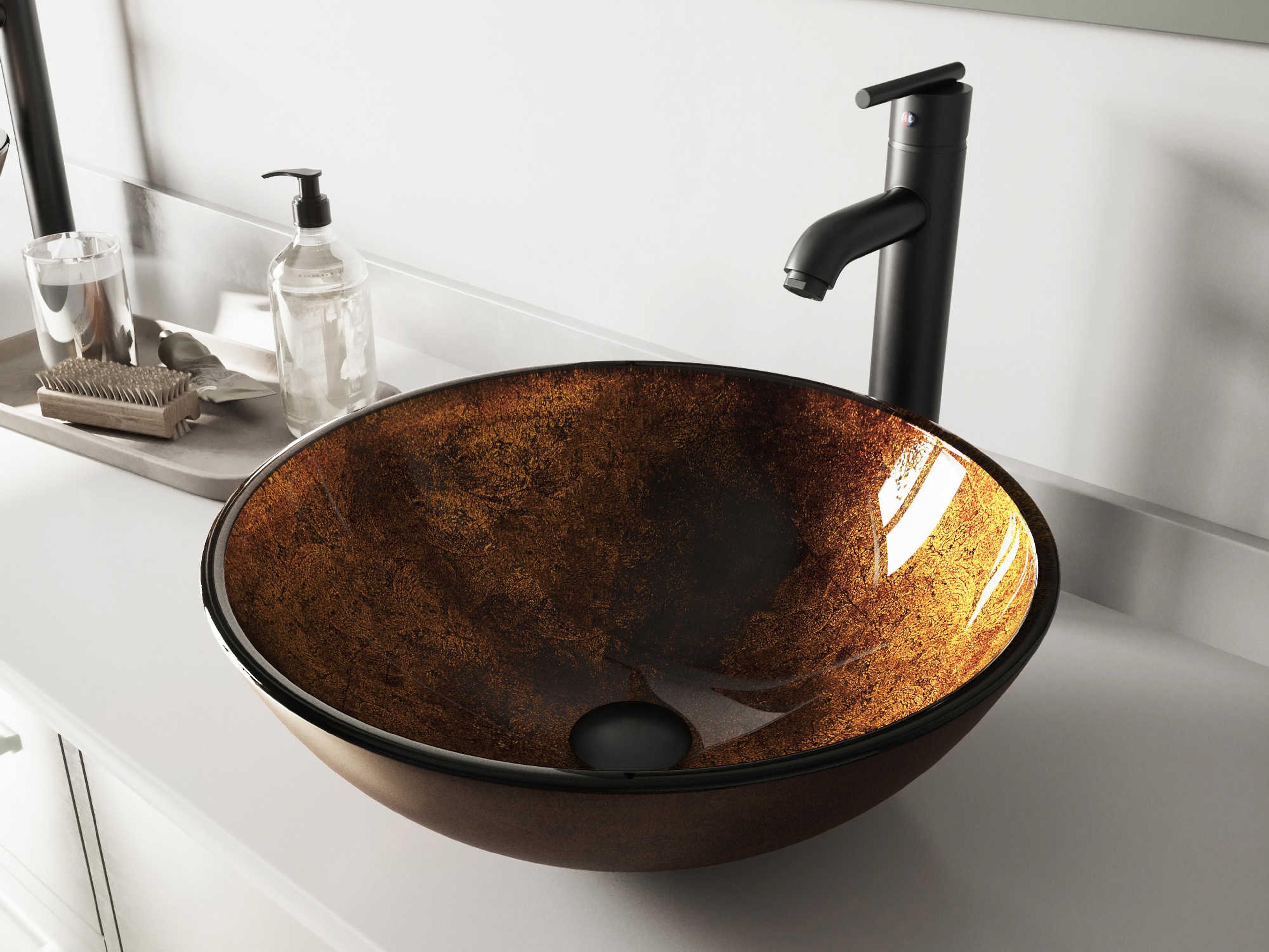 Vigo Russet Gold / Brown Fusion 17" Round Vessel Bathroom Sink with Matte Black 1-Lever Seville Faucet and Drain