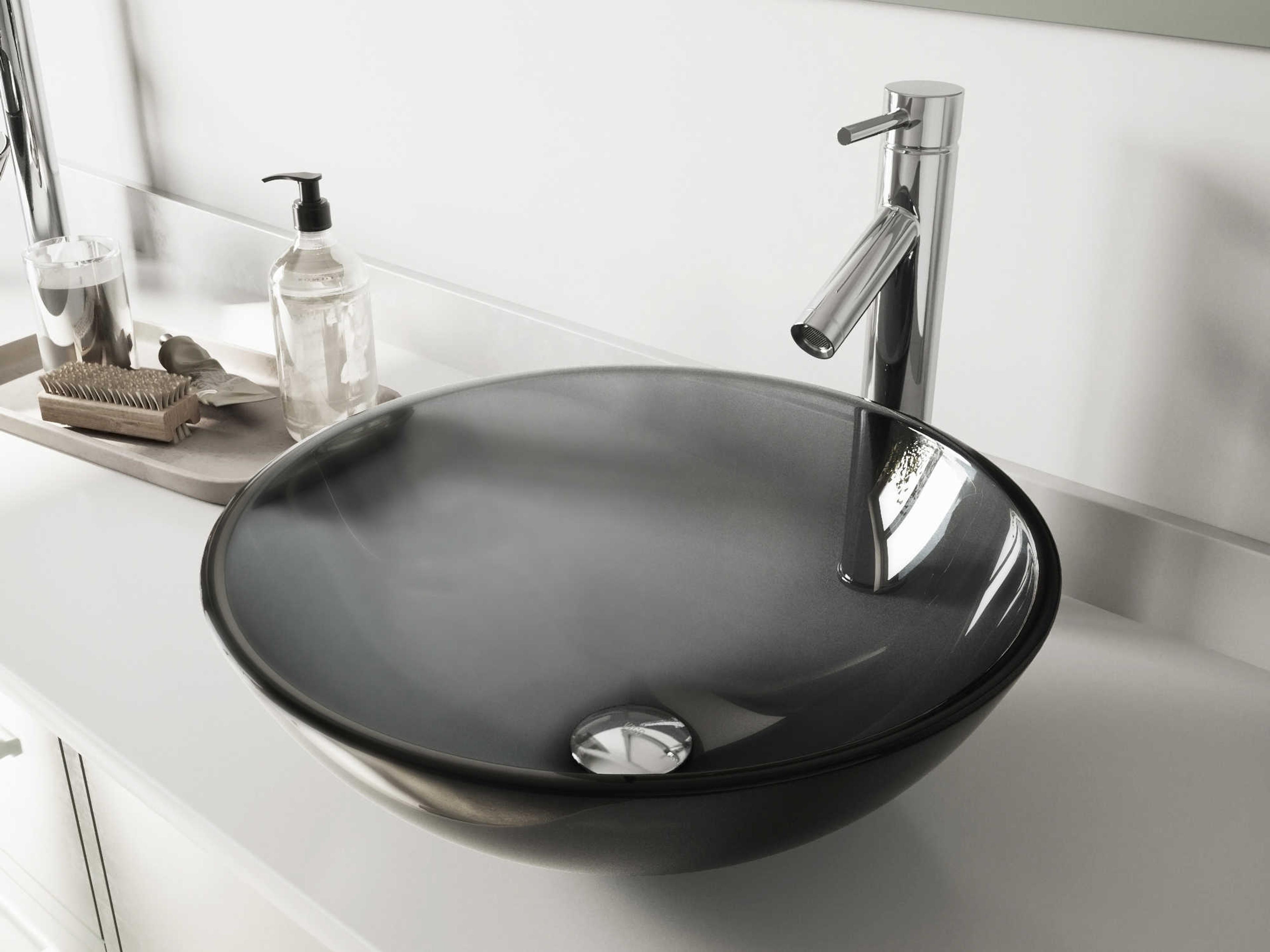 Vigo Sheer Black 17" Round Vessel Bathroom Sink with Chrome 1-Handle Dior Faucet and Drain