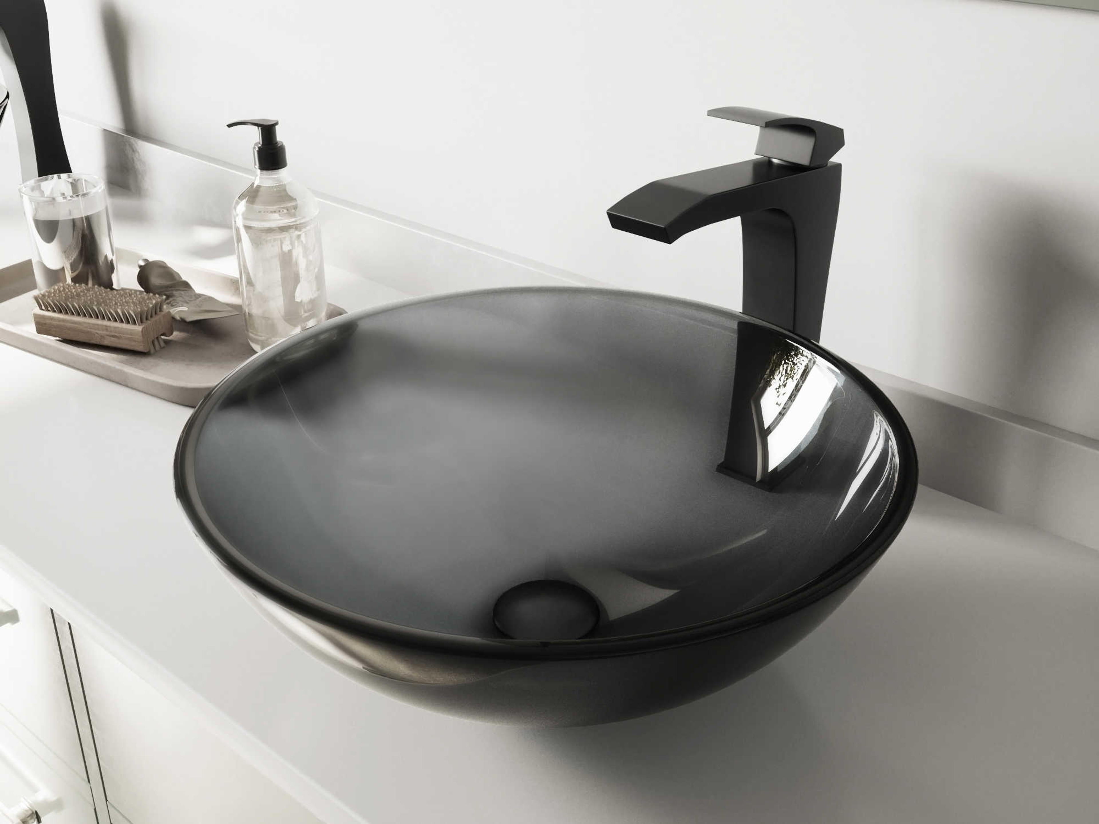 Sheer Black 17" Round Vessel Bathroom Sink with Matte Black 1-Handle Blackstonian Faucet and Drain
