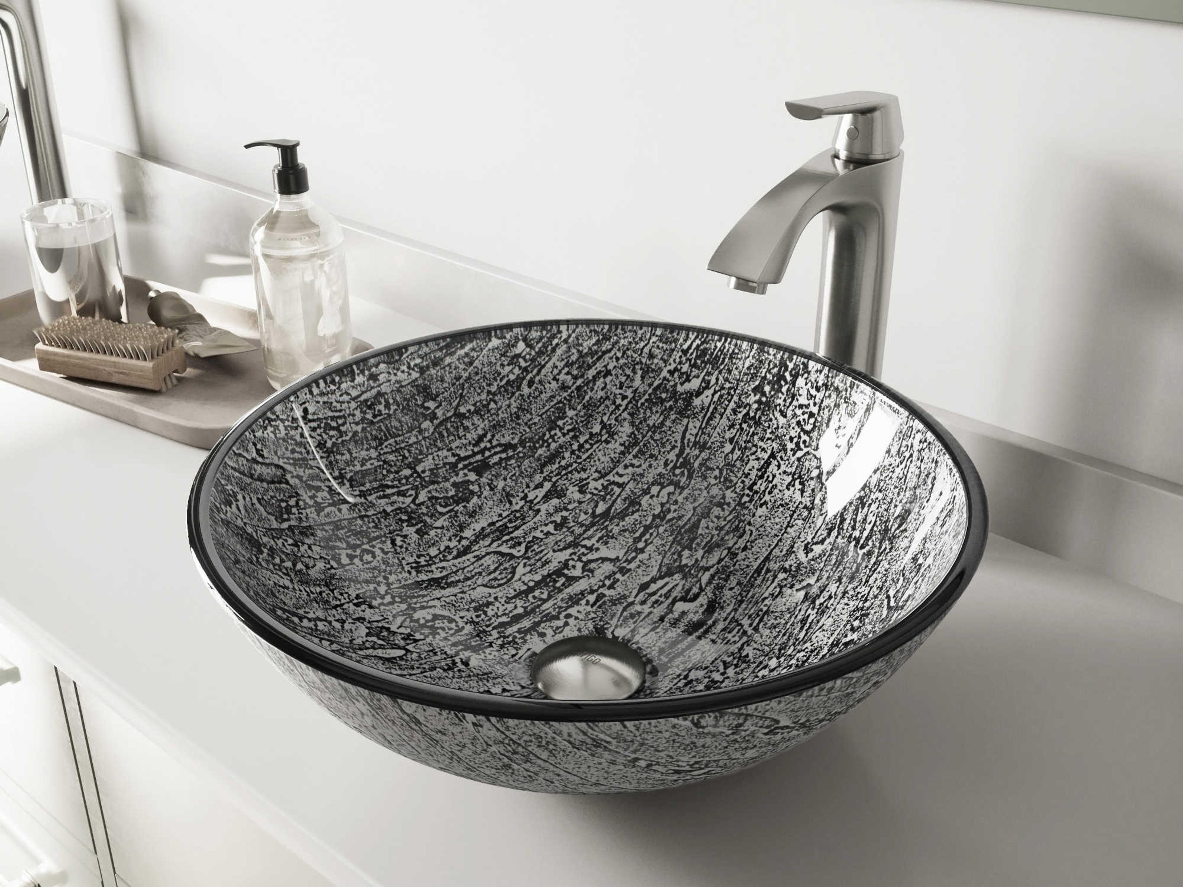 Titanium Slate Grey 17" Round Vessel Bathroom Sink with Brushed Nickel1-Lever Linus Faucet and Drain