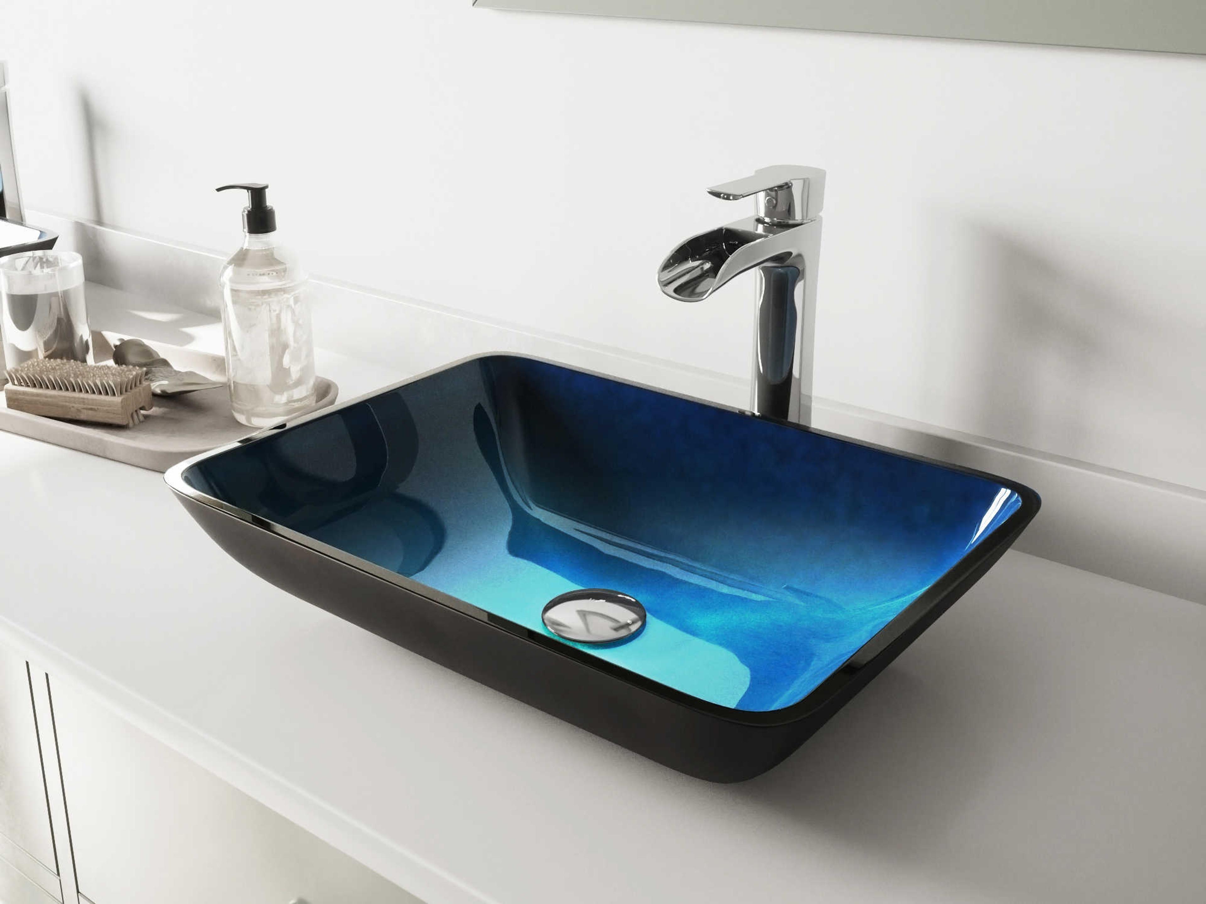 Turquoise Water 18" Rectangular Vessel Bathroom Sink with Chrome 1-Lever Niko Faucet and Drain
