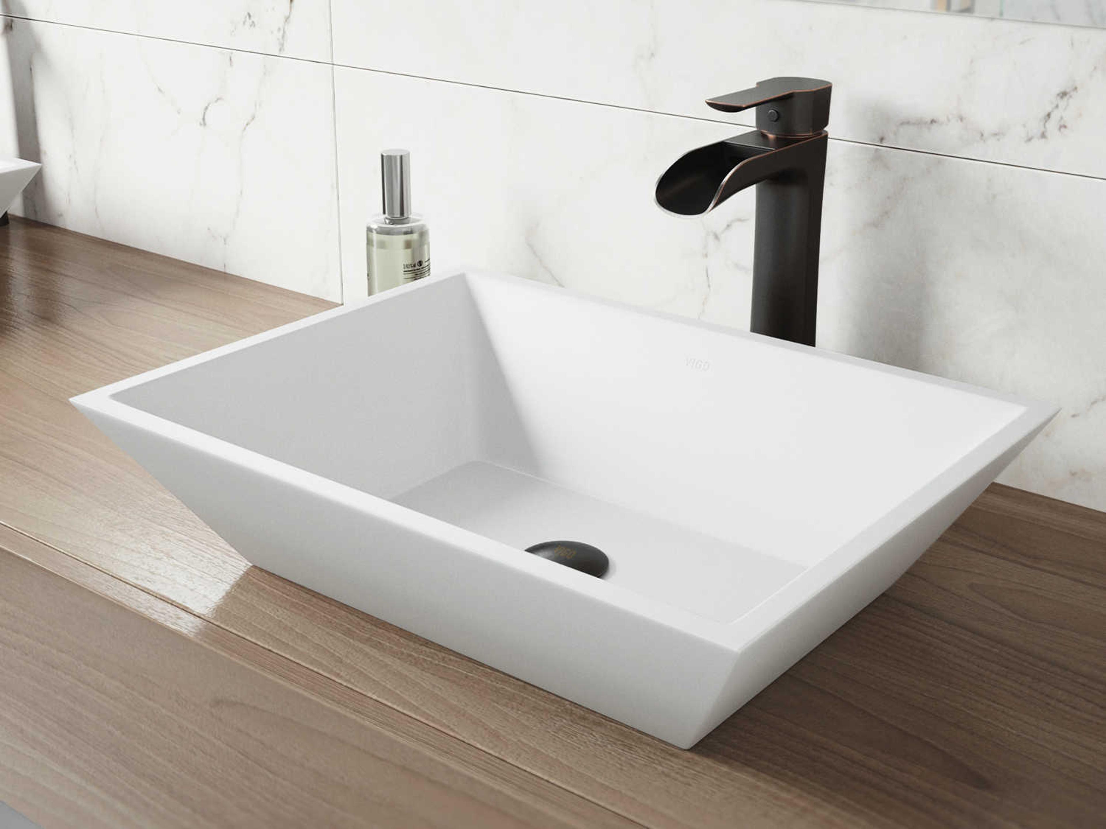 Vigo Vinca Matte White 18" Rectangular Vessel Bathroom Sink with Antique Rubbed Bronze 1-Handle Niko Faucet and Drain