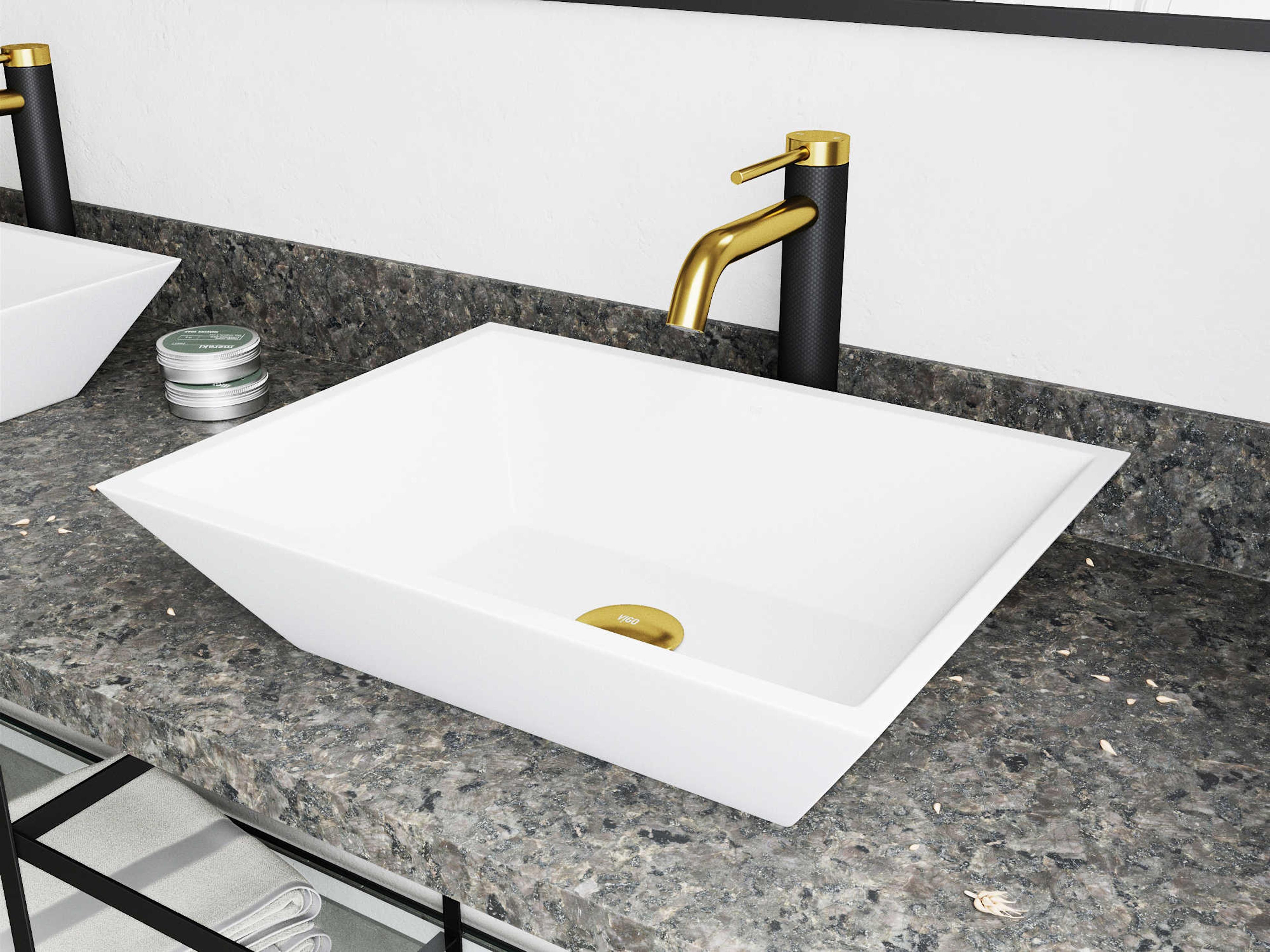 Vinca Matte White 18" Rectangular Vessel Bathroom Sink with Matte Gold / Matte Black Lexington Faucet