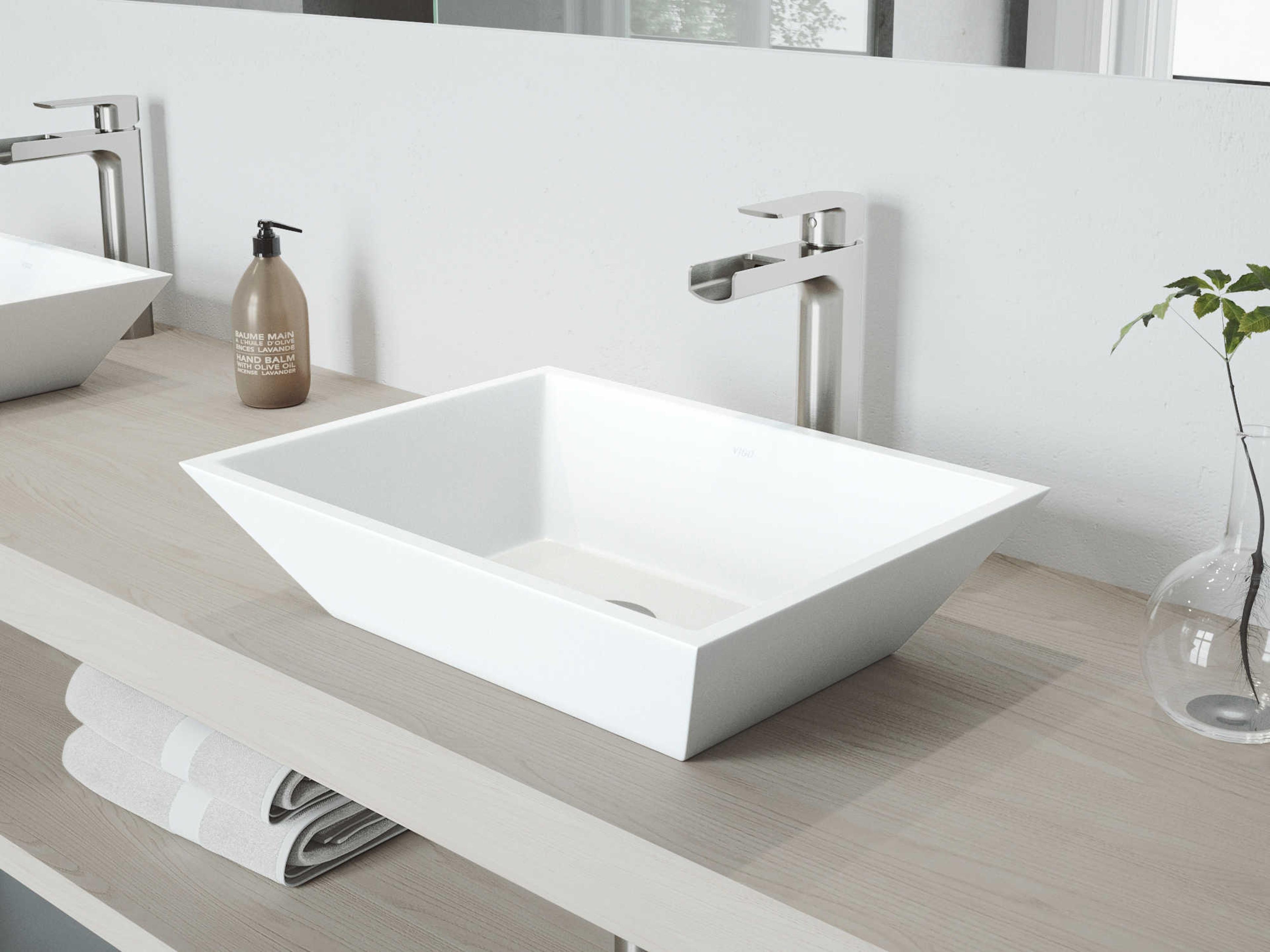 Vigo Vinca Matte White 18" Rectangular Vessel Bathroom Sink with Brushed Nickel 1-Handle Amada Faucet and Drain