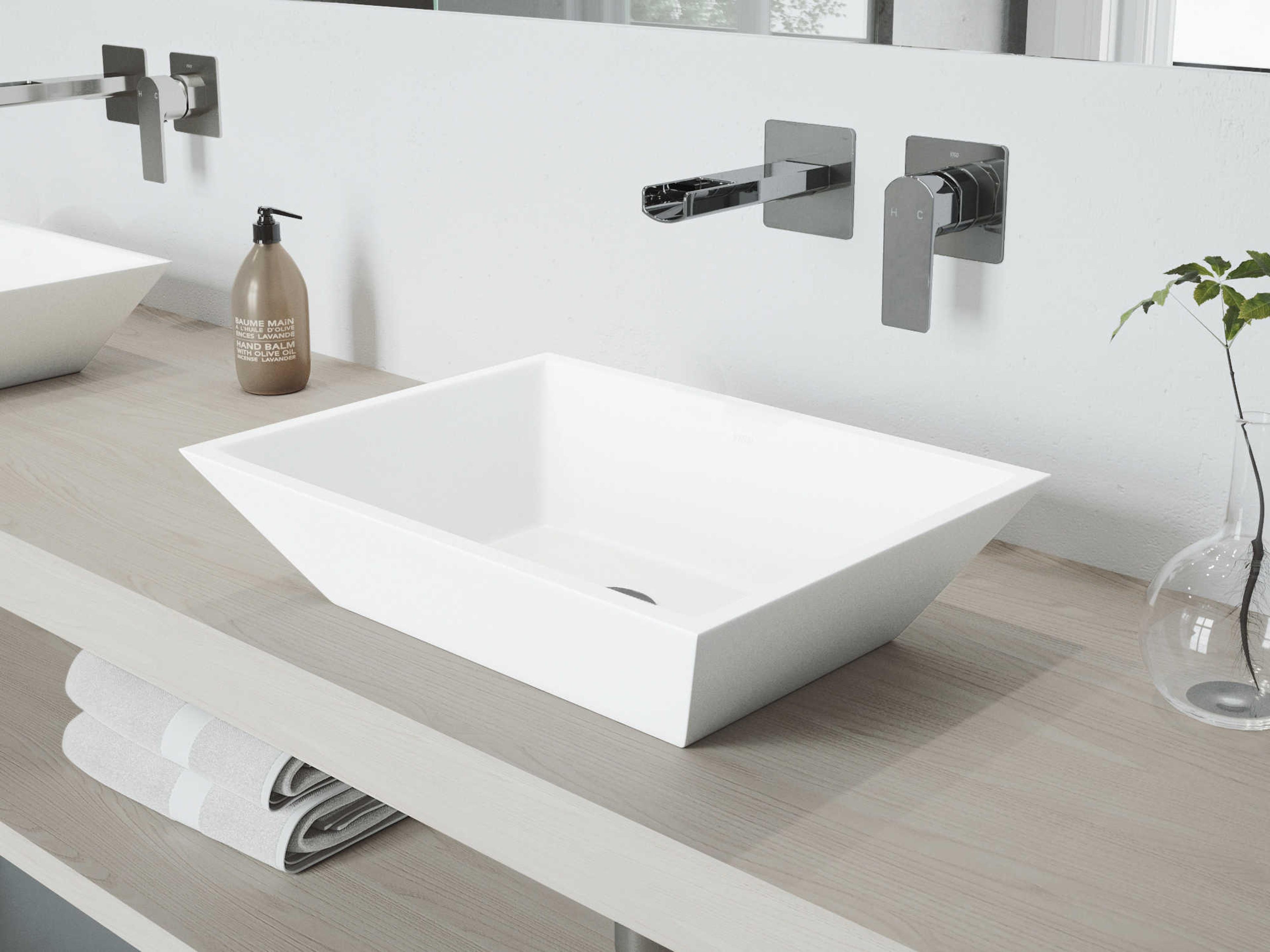 Vinca Matte White 18" Rectangular Vessel Bathroom Sink with Chrome Single-Handle Atticus Wall-Mount Faucet and Drain