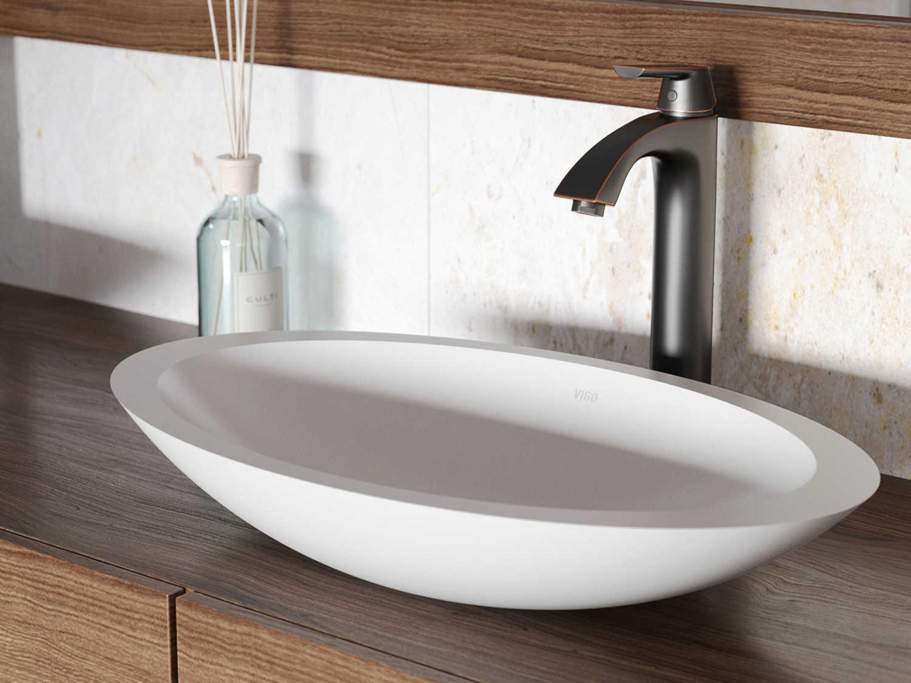 Vigo Wisteria Matte White 23" Oval Vessel Bathroom Sink with Antique Rubbed Bronze 1-Lever Linus Faucet and Drain