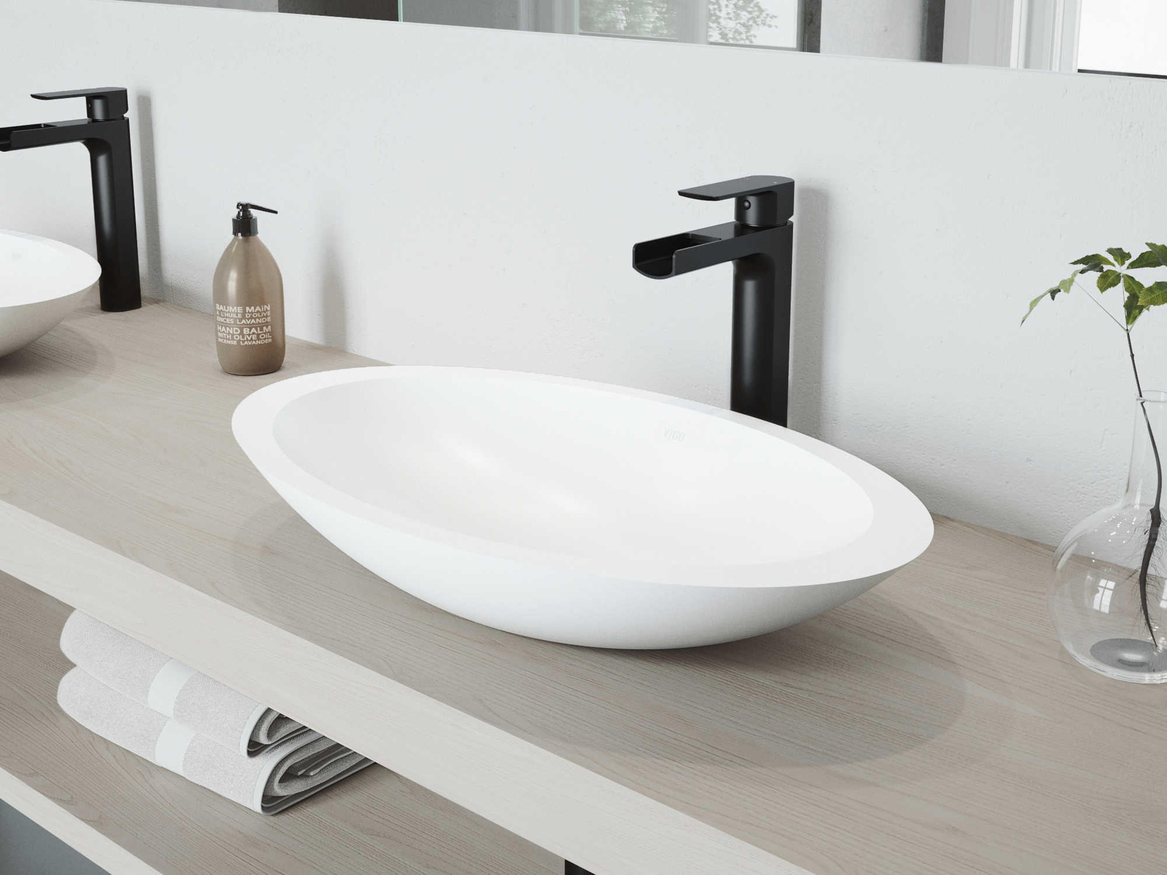Vigo Wisteria Matte White 23" Oval Vessel Bathroom Sink with Matte Black 1-Lever Amada Faucet and Drain