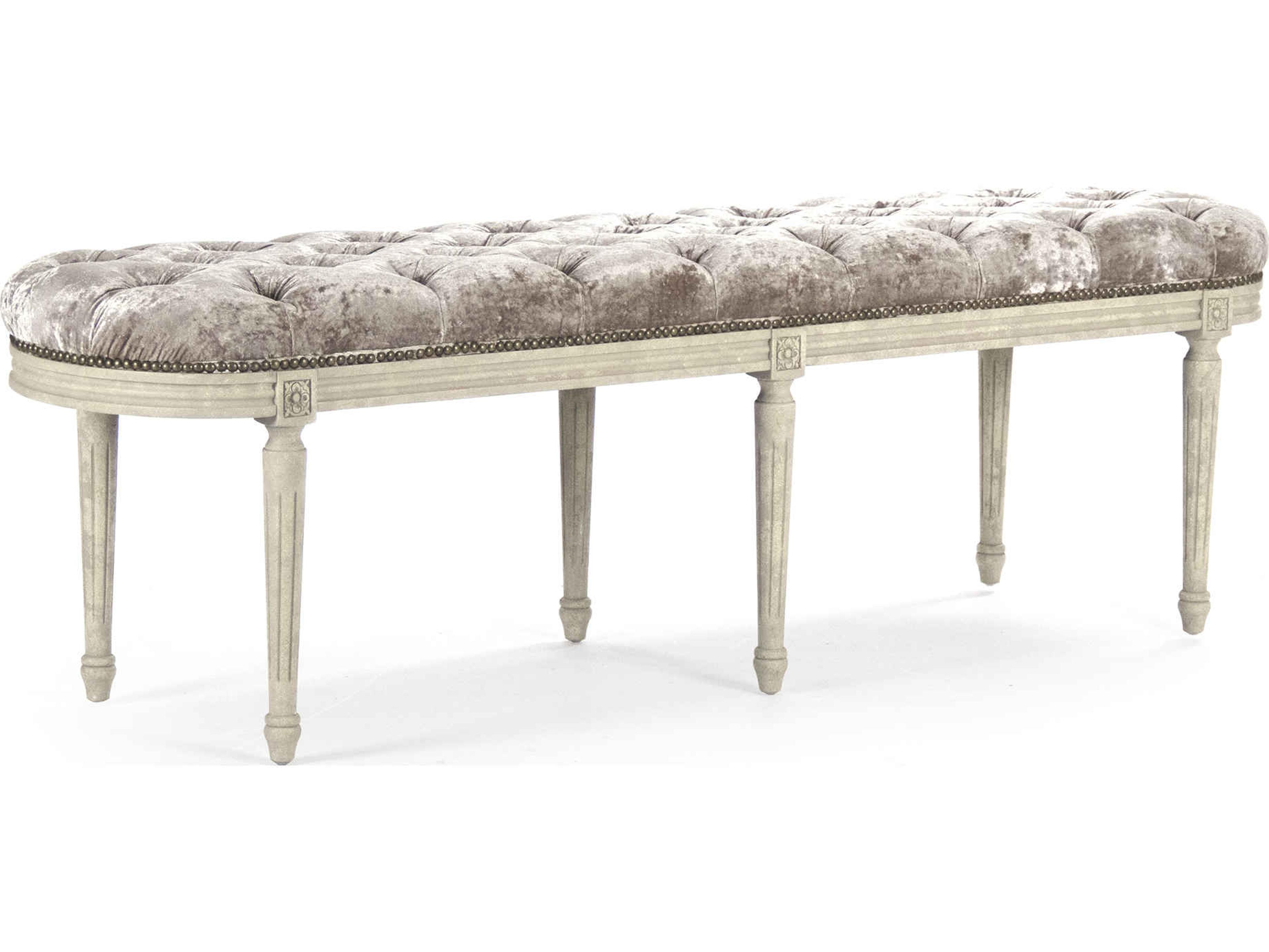 Zentique Michel Distressed Ivory Oak Gray Velvet Upholstered Accent Bench