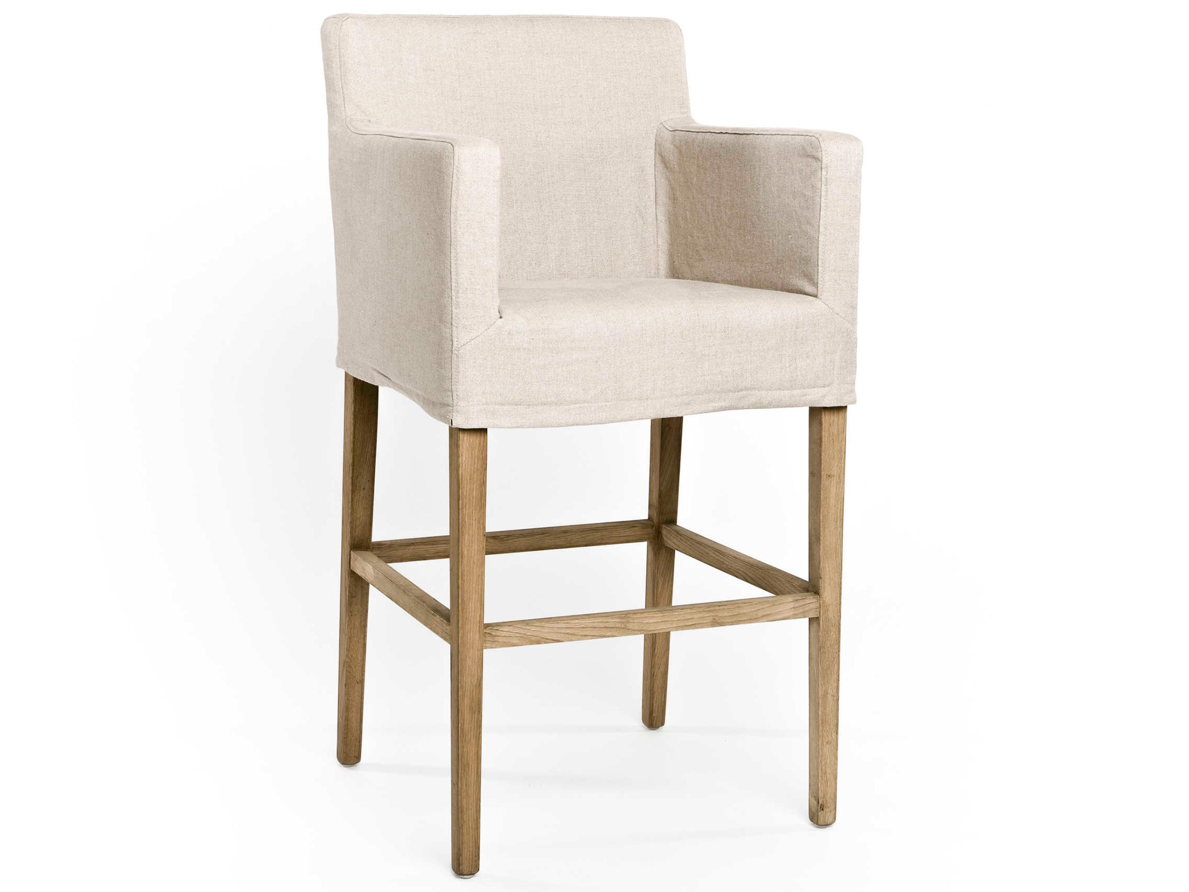 Zentique Avignon Upholstered Oak Wood Natural Linen Bar Stool