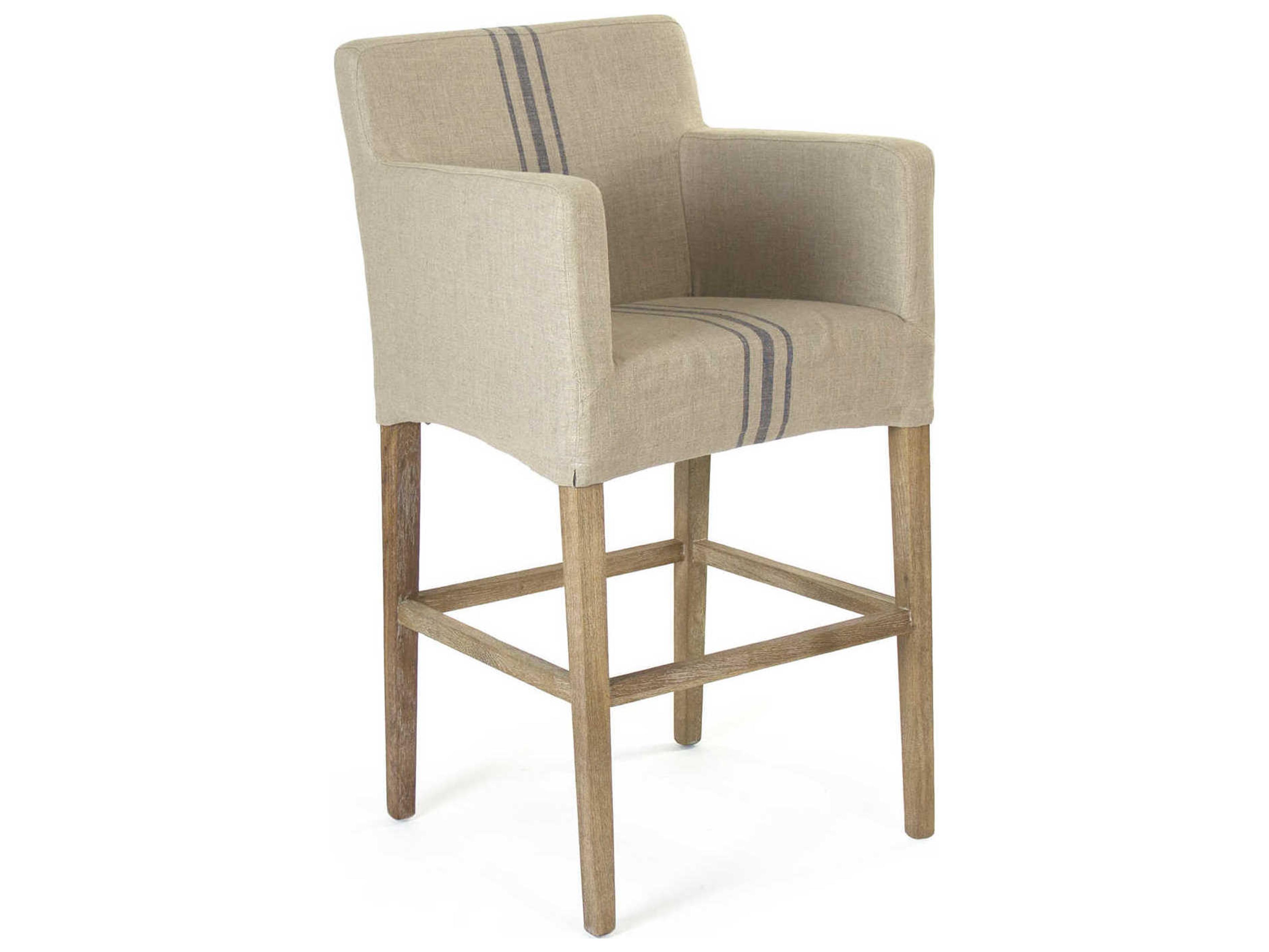 Zentique Avignon Upholstered Oak Wood Khaki Blue Stripe Bar Stool