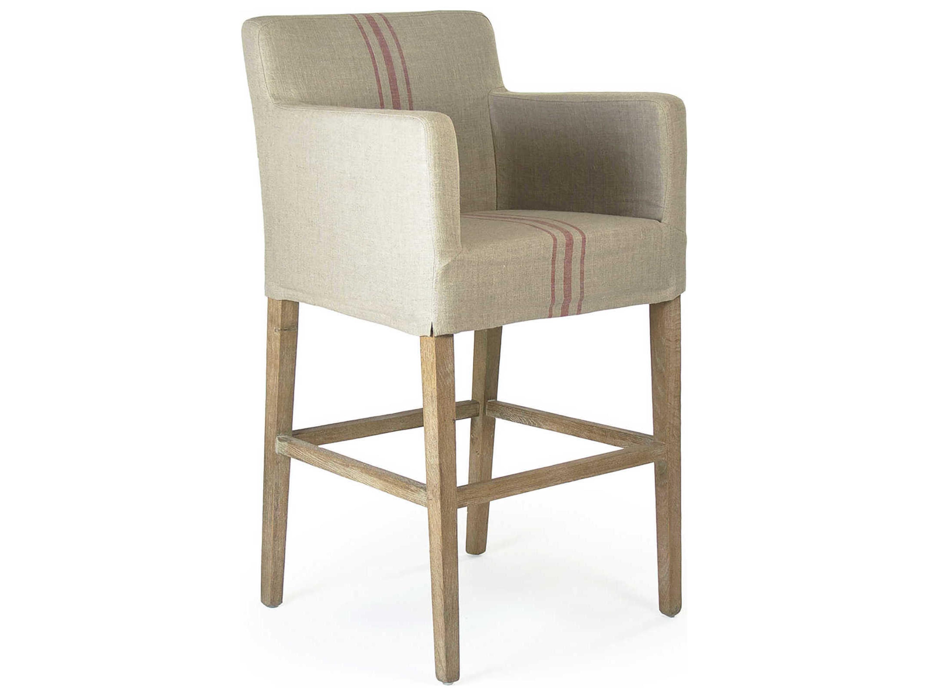 Zentique Avignon Upholstered Oak Wood Khaki Red Stripe Bar Stool
