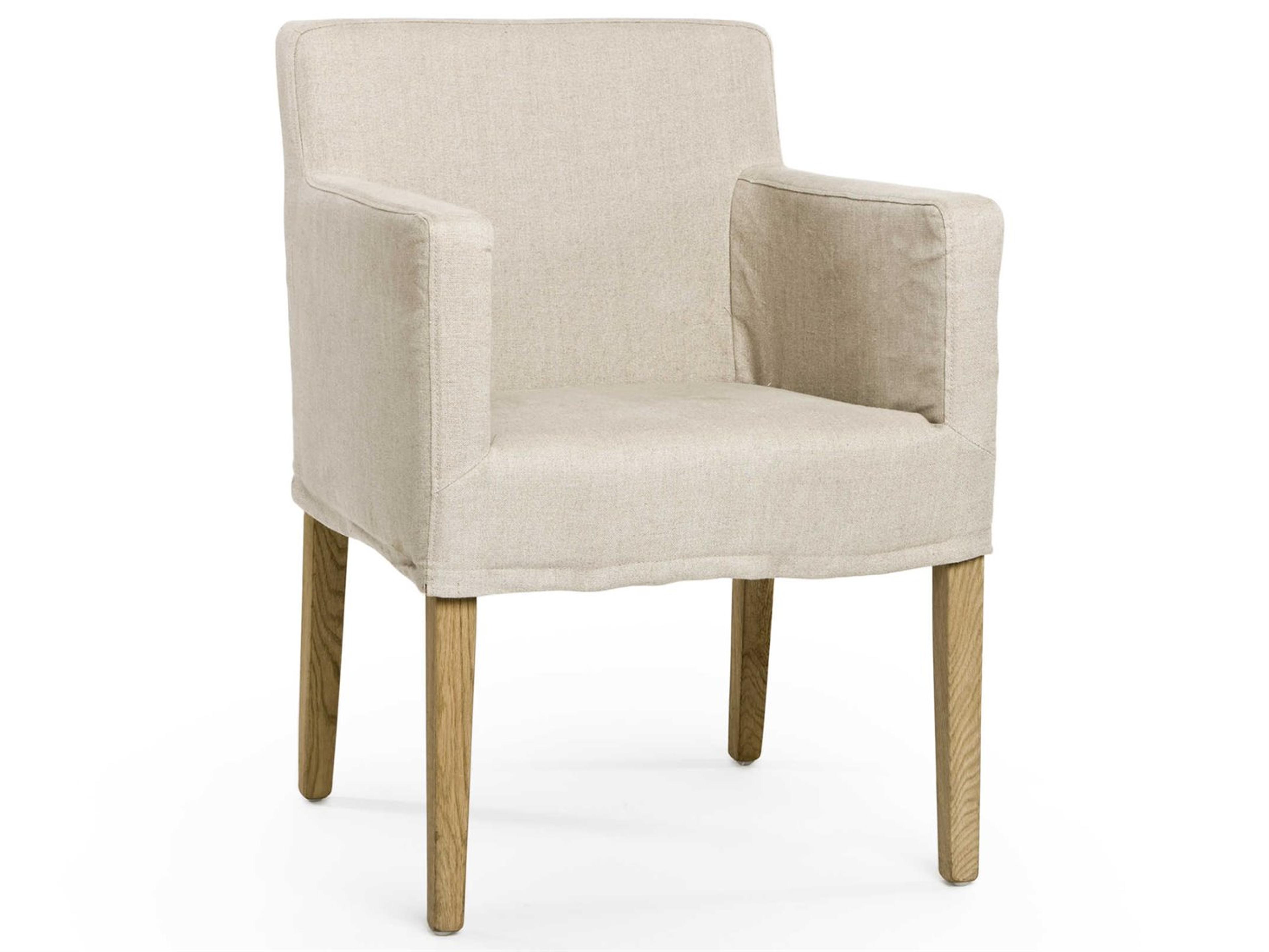 Zentique Avignon Oak Wood Beige Upholstered Arm Dining Chair