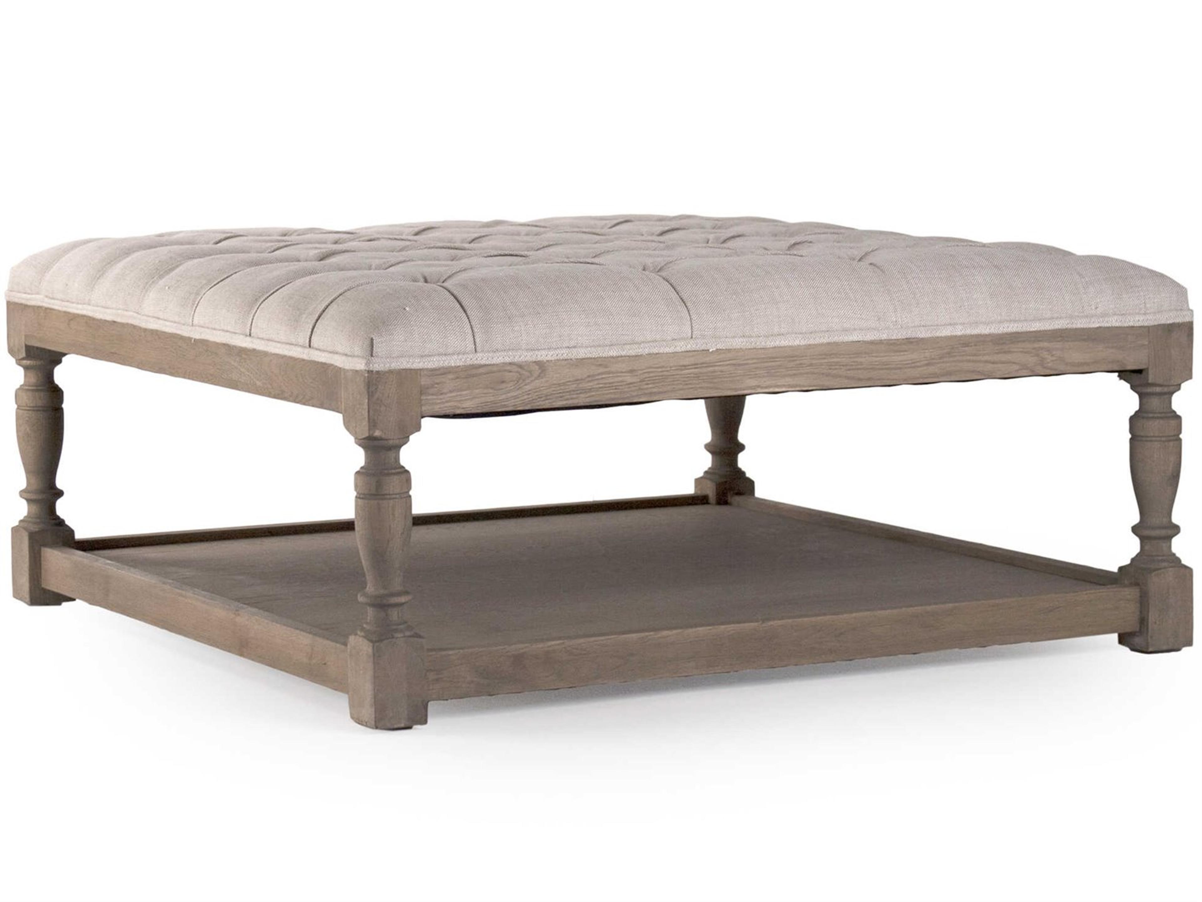 Zentique Cream Natural Linen Beige Upholstered Tufted Ottoman