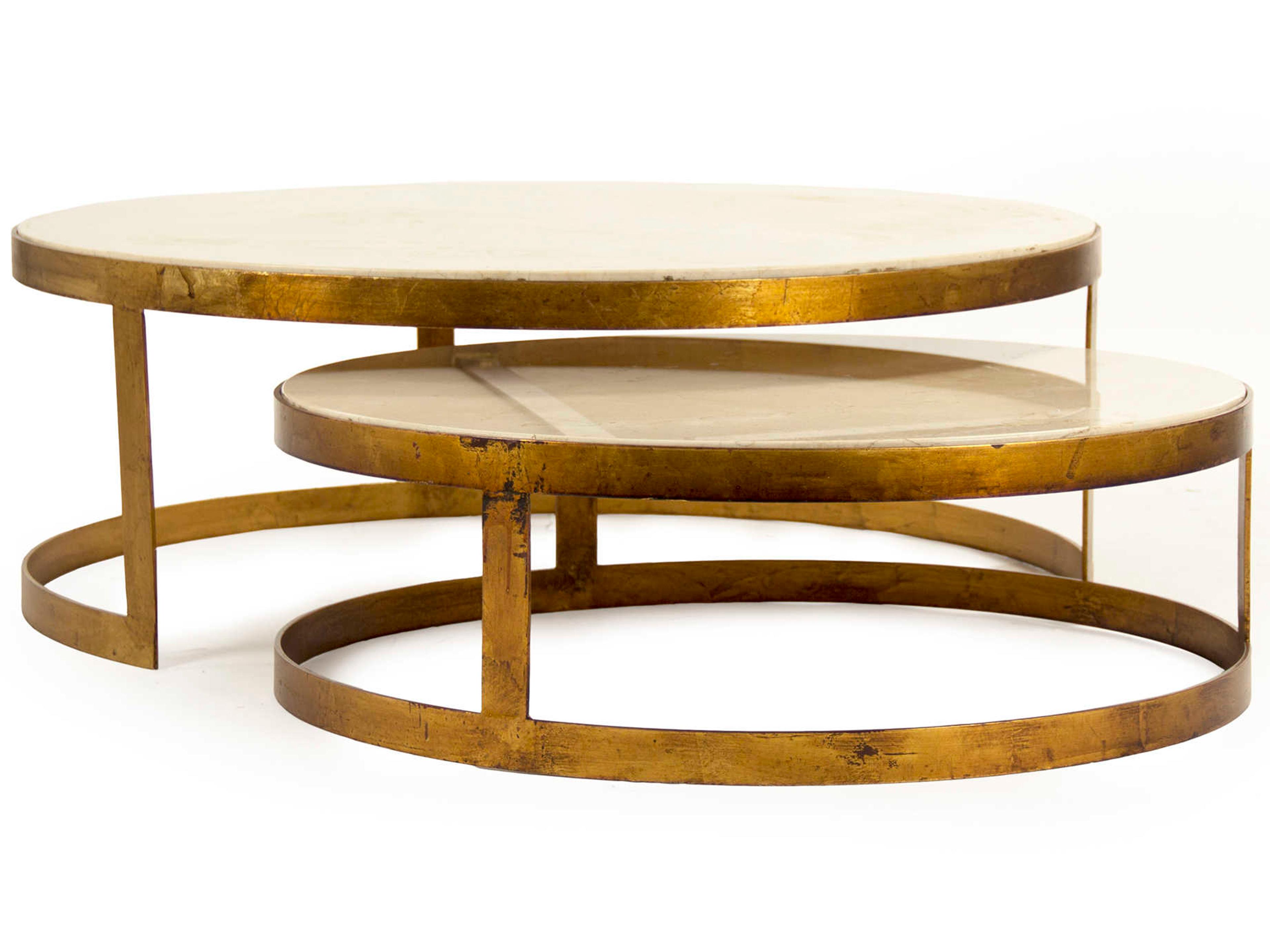 Zentique Round Metal Gold Leaf Cream Marble Coffee Table