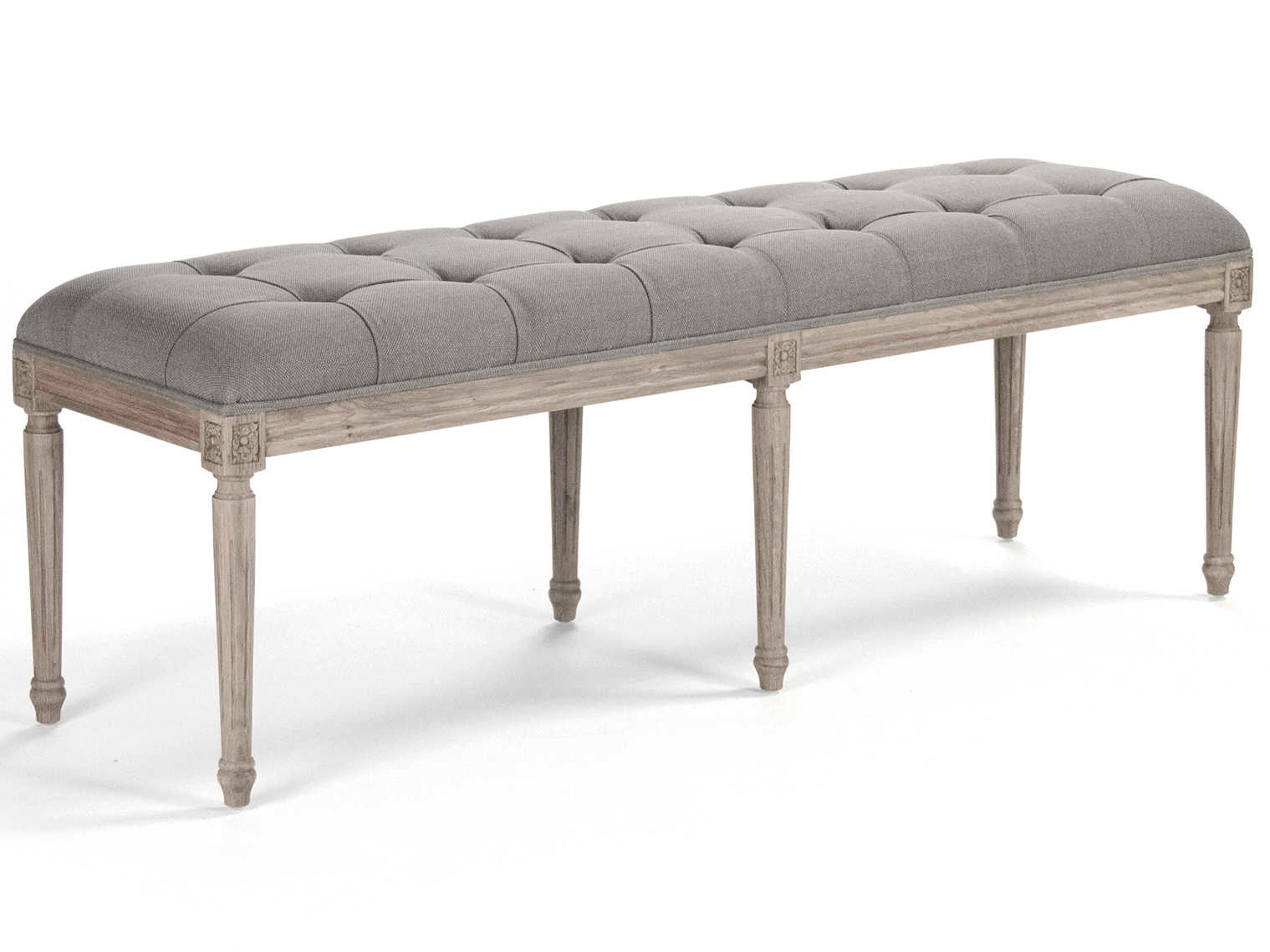 Zentique Louis Natural Oak Grey Linen Upholstered Accent Bench