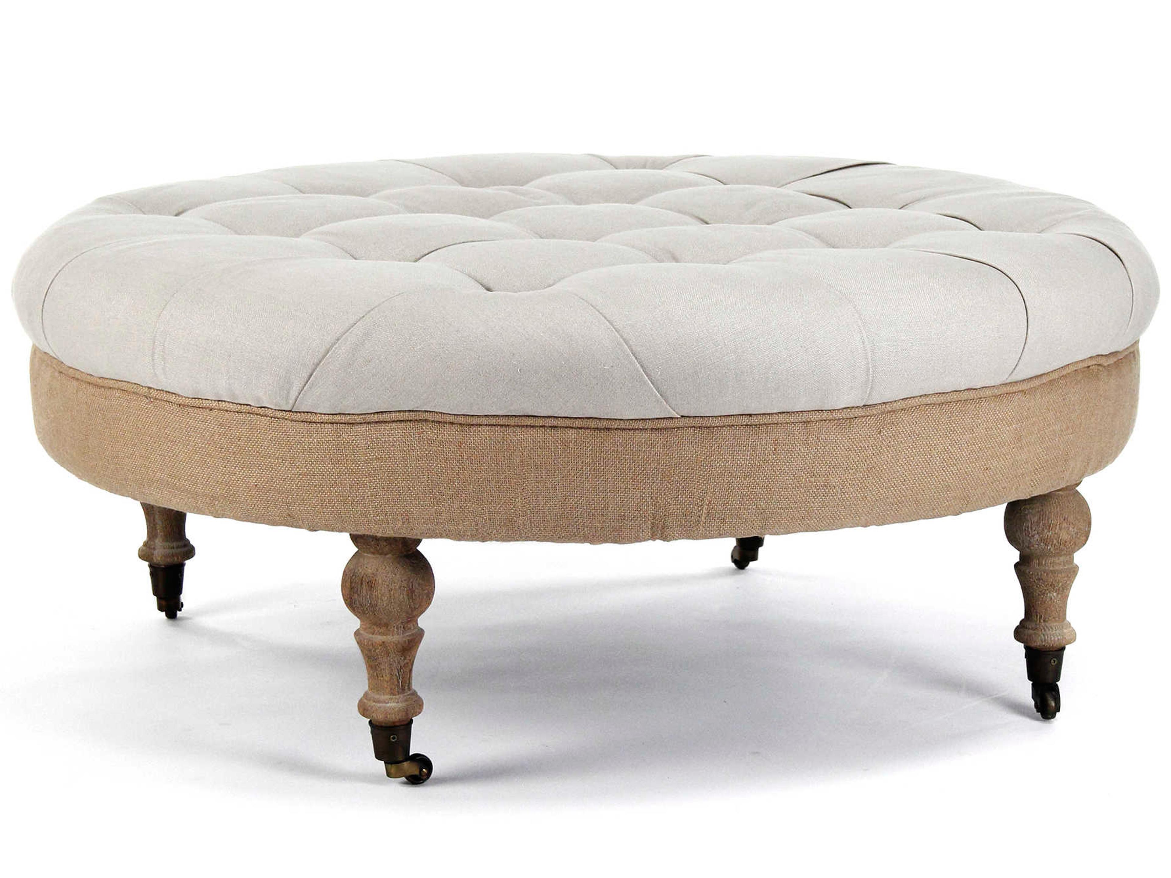 Zentique Maison Natural Linen Jute Beige Upholstered Tufted Ottoman